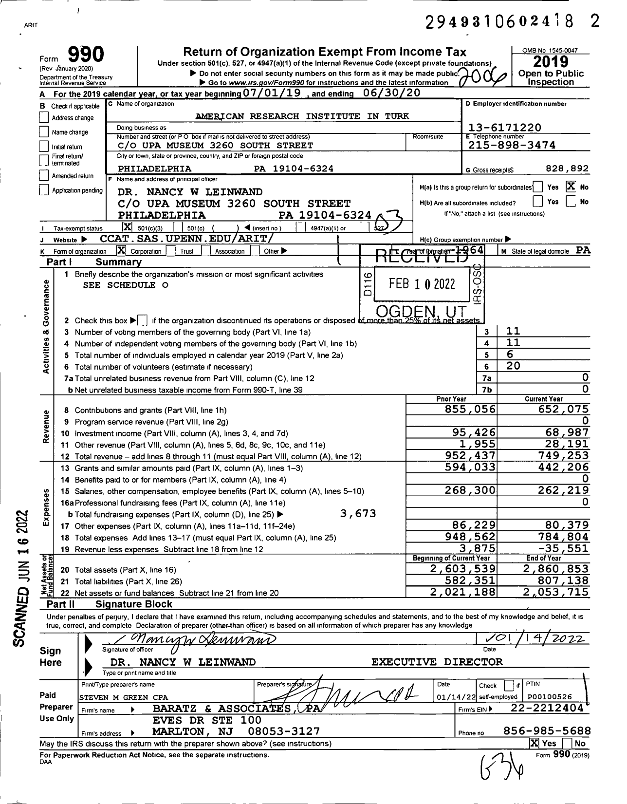 Image of first page of 2019 Form 990 for American Research Institute in Turkey