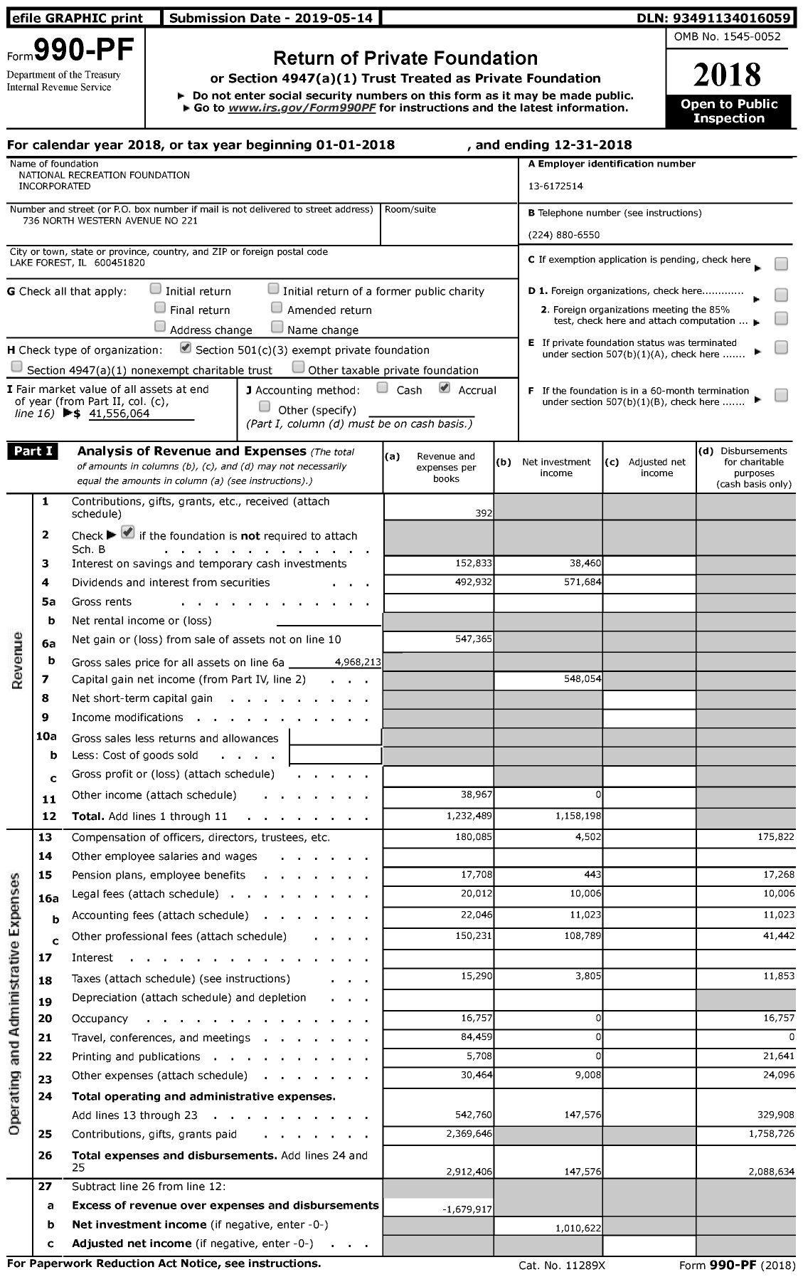 Image of first page of 2018 Form 990PF for National Recreation Foundation Incorporated