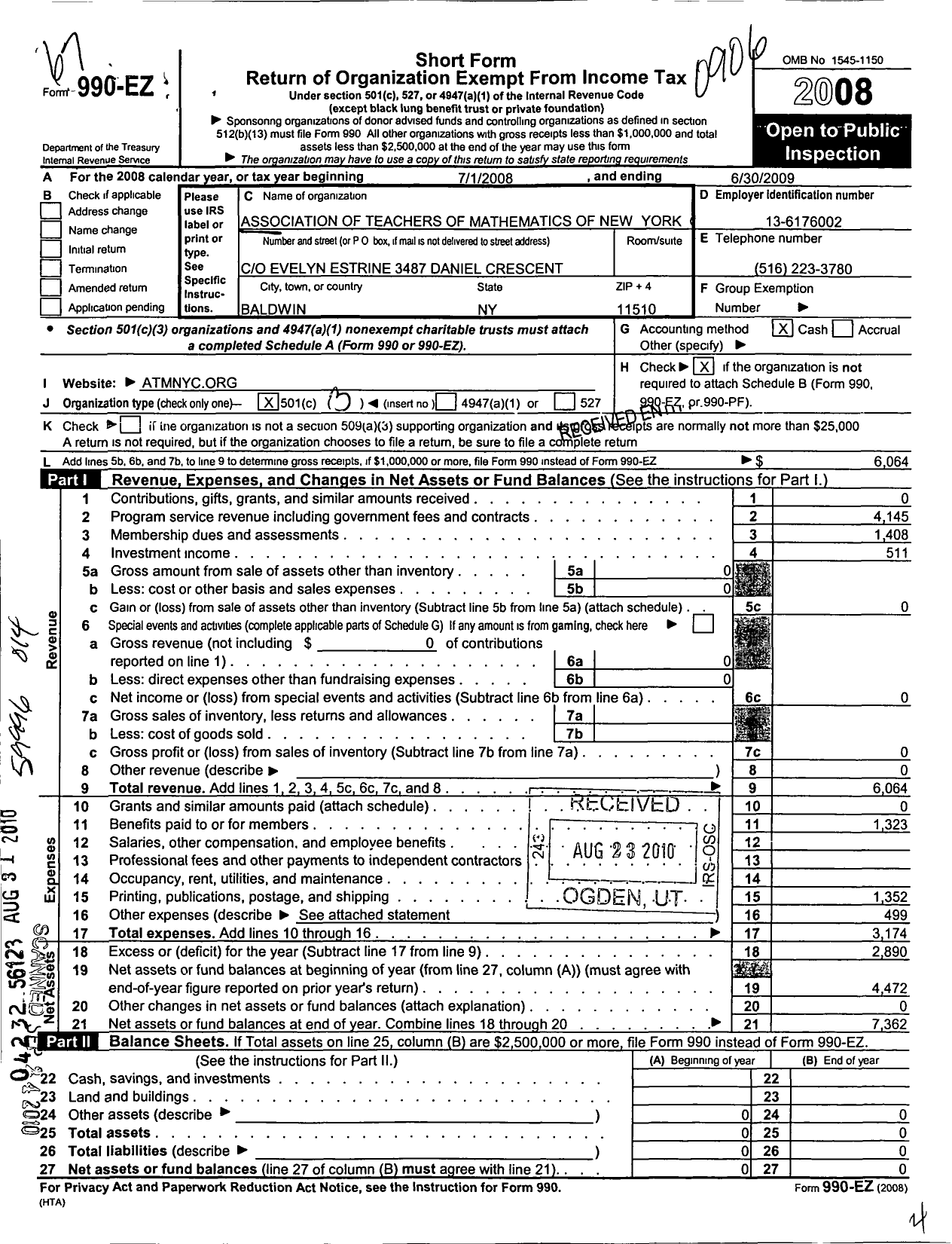 Image of first page of 2008 Form 990EZ for Association of Teachers of Mathematics