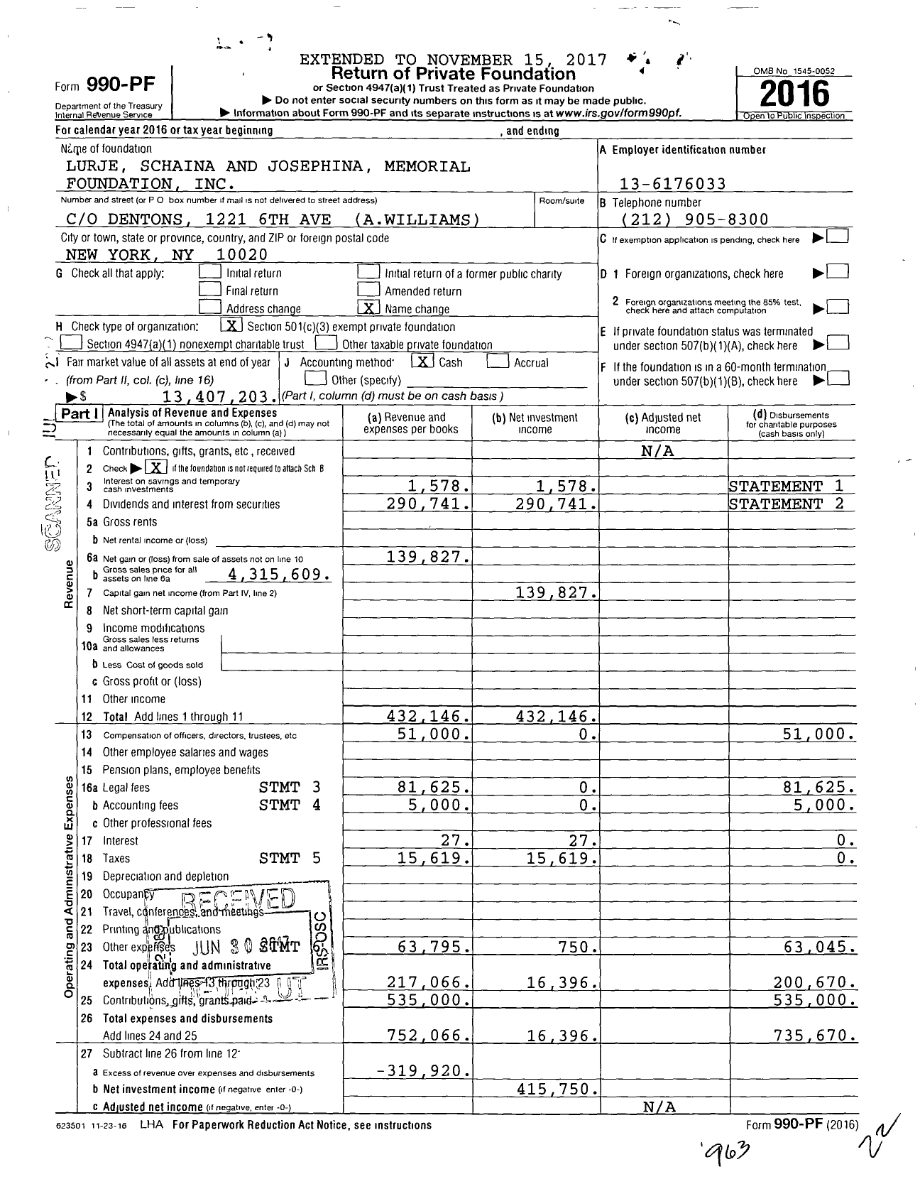 Image of first page of 2016 Form 990PF for Lurje Schaina and Josephina Memorial Foundation