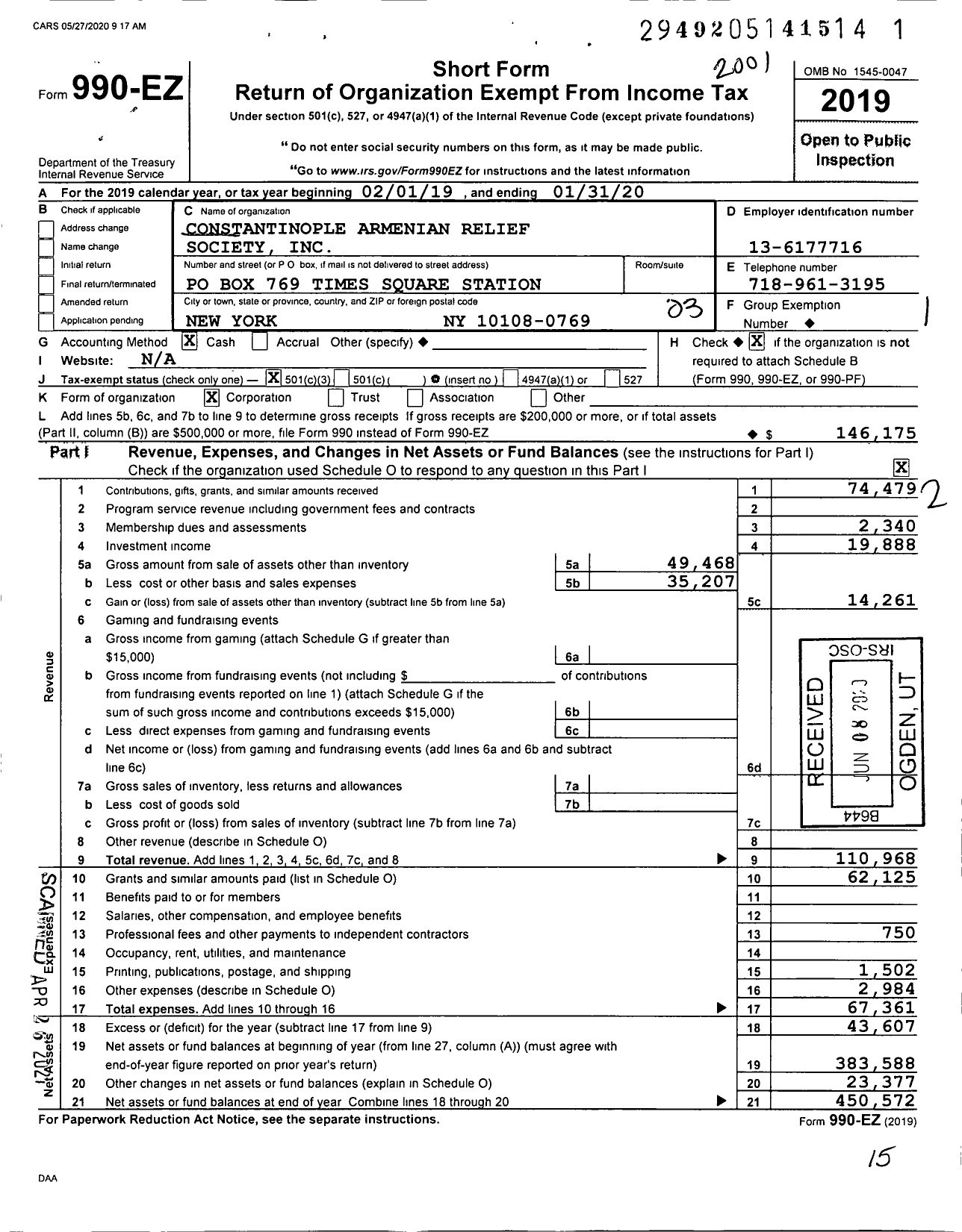 Image of first page of 2019 Form 990EZ for Constantinople Armenian Relief Society