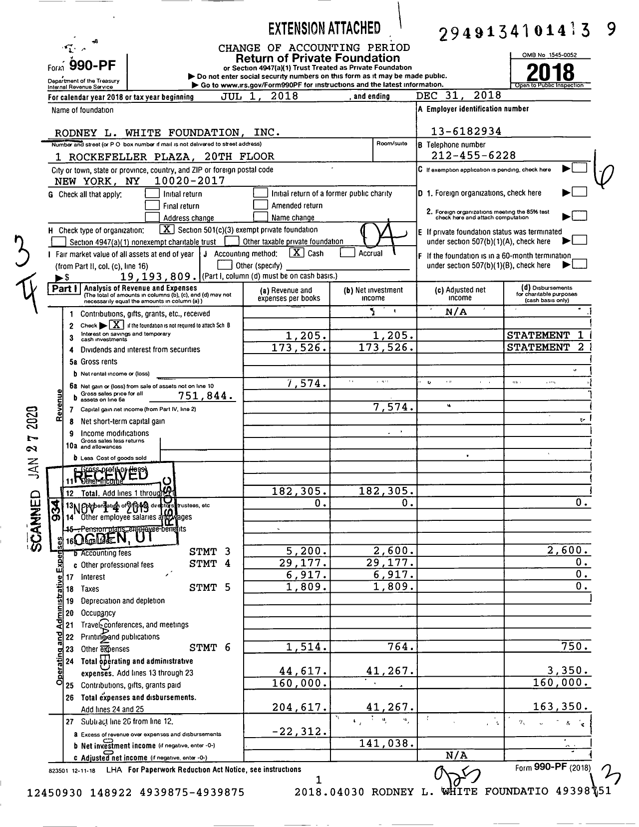 Image of first page of 2018 Form 990PF for Rodney L White Foundation