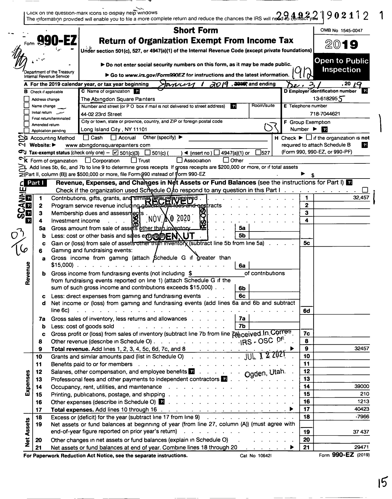 Image of first page of 2019 Form 990EZ for The Abingdon Square Painters