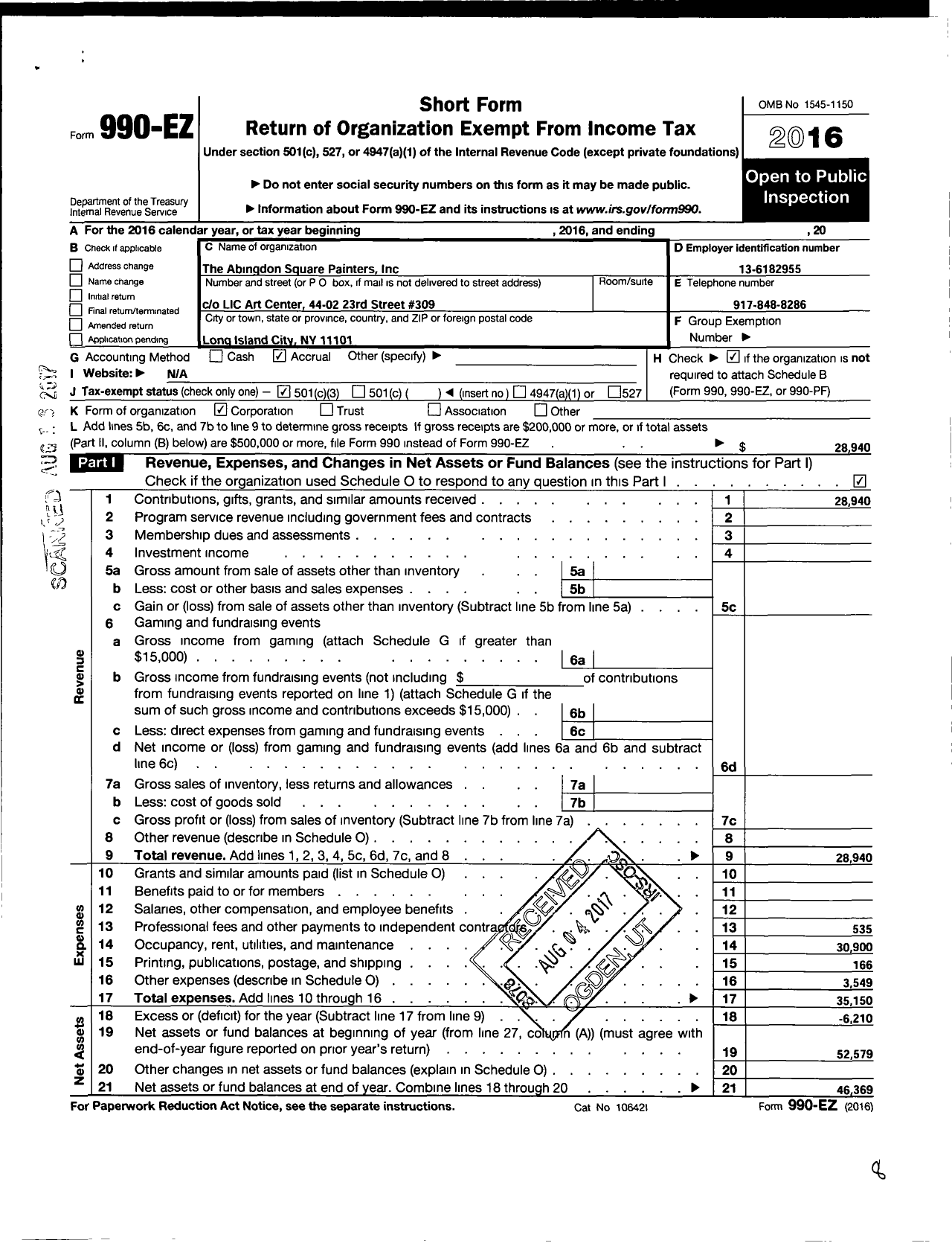 Image of first page of 2016 Form 990EZ for The Abingdon Square Painters