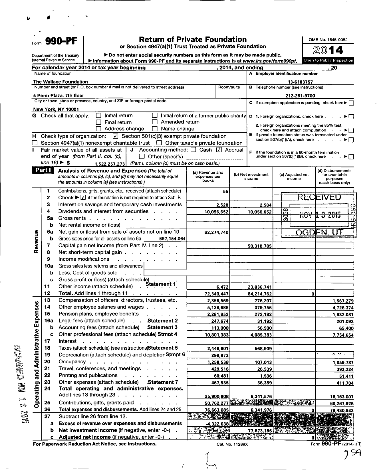 Image of first page of 2014 Form 990PF for The Wallace Foundation