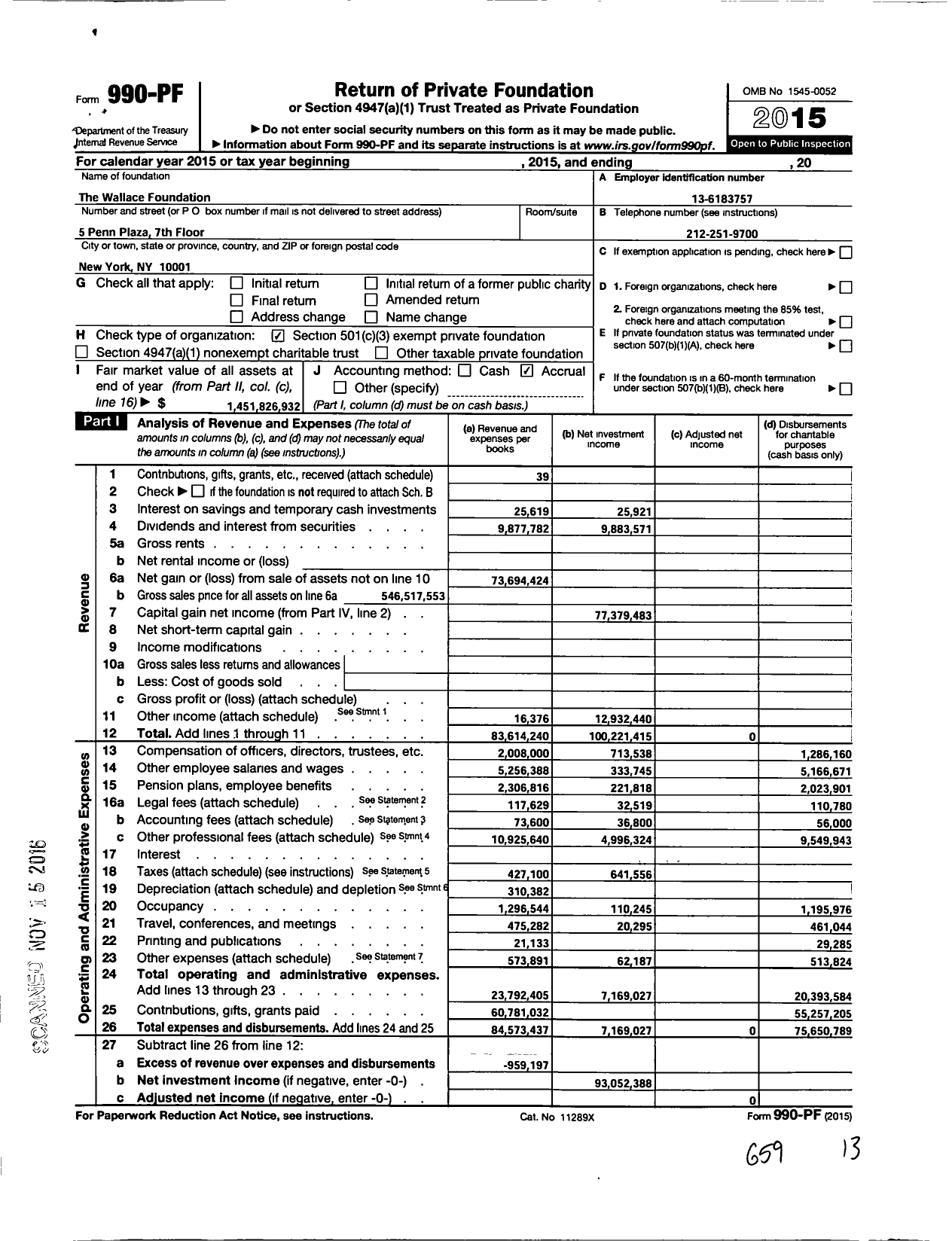Image of first page of 2015 Form 990PF for The Wallace Foundation