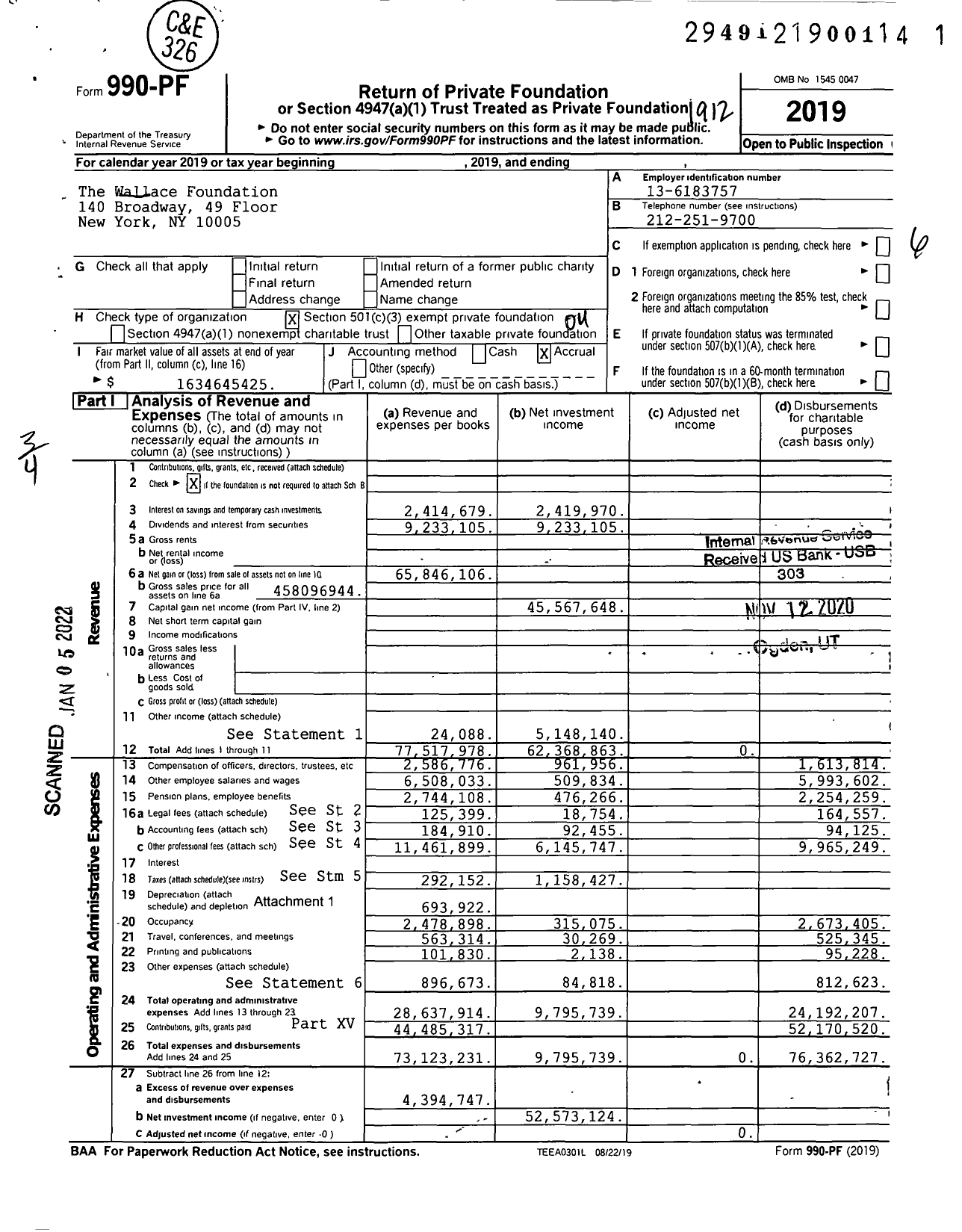 Image of first page of 2019 Form 990PF for The Wallace Foundation