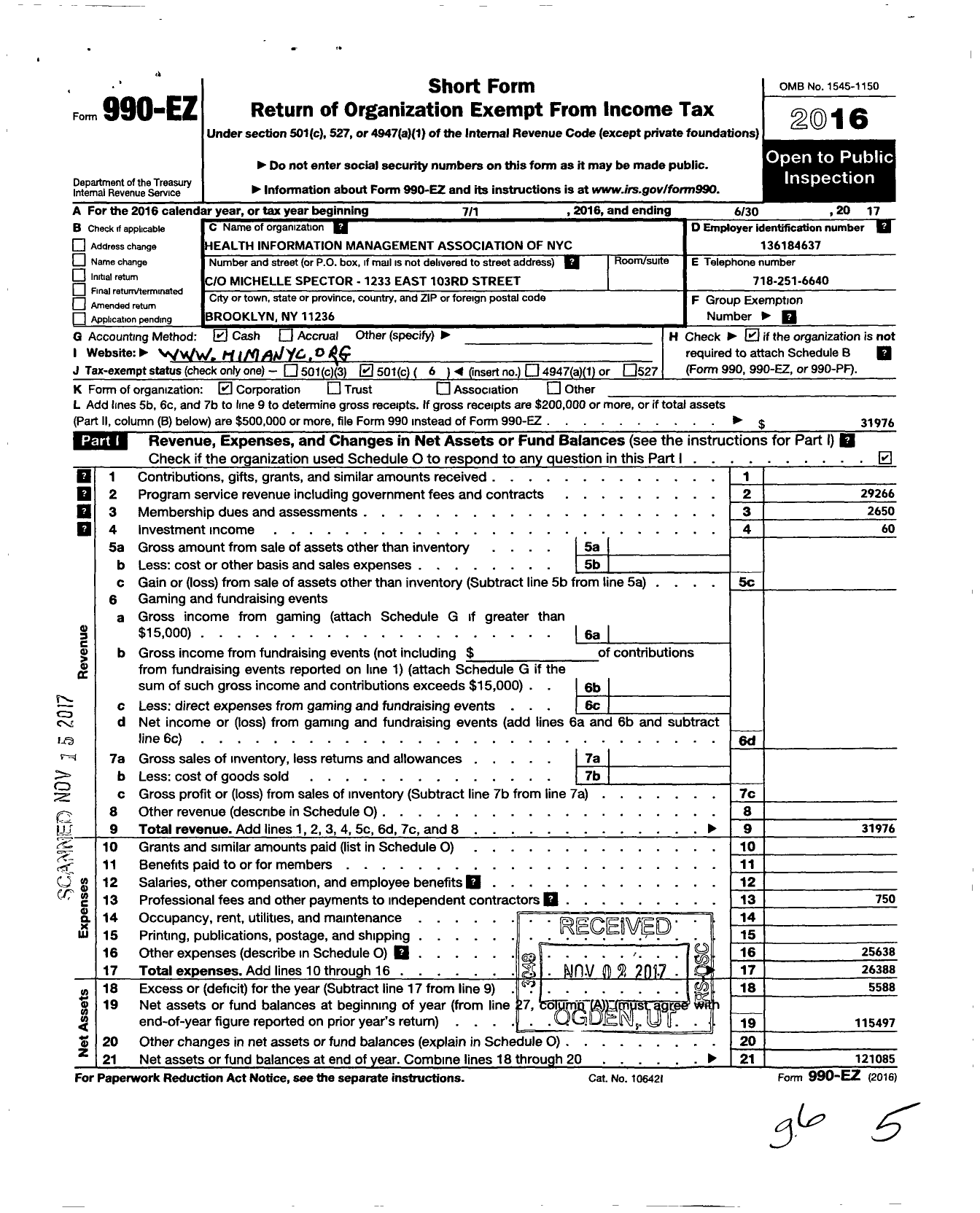 Image of first page of 2016 Form 990EO for Health Information Management Association of New York City