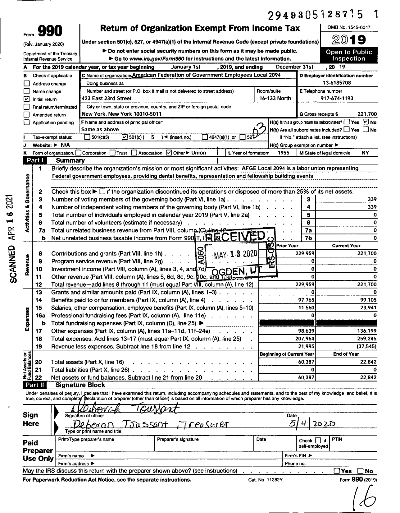 Image of first page of 2019 Form 990 for American Federation OF Government EMPLOYEES - Labor Union