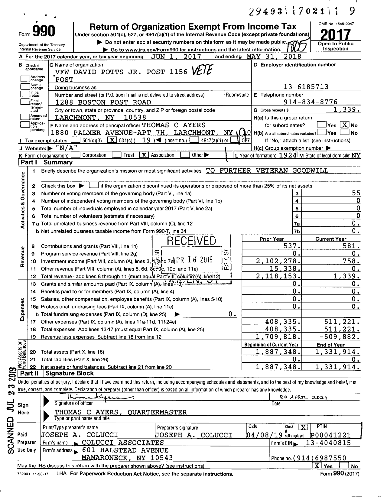 Image of first page of 2017 Form 990O for Department of Ny VFW - 1156 Vfn-Ny David Potts JR Post