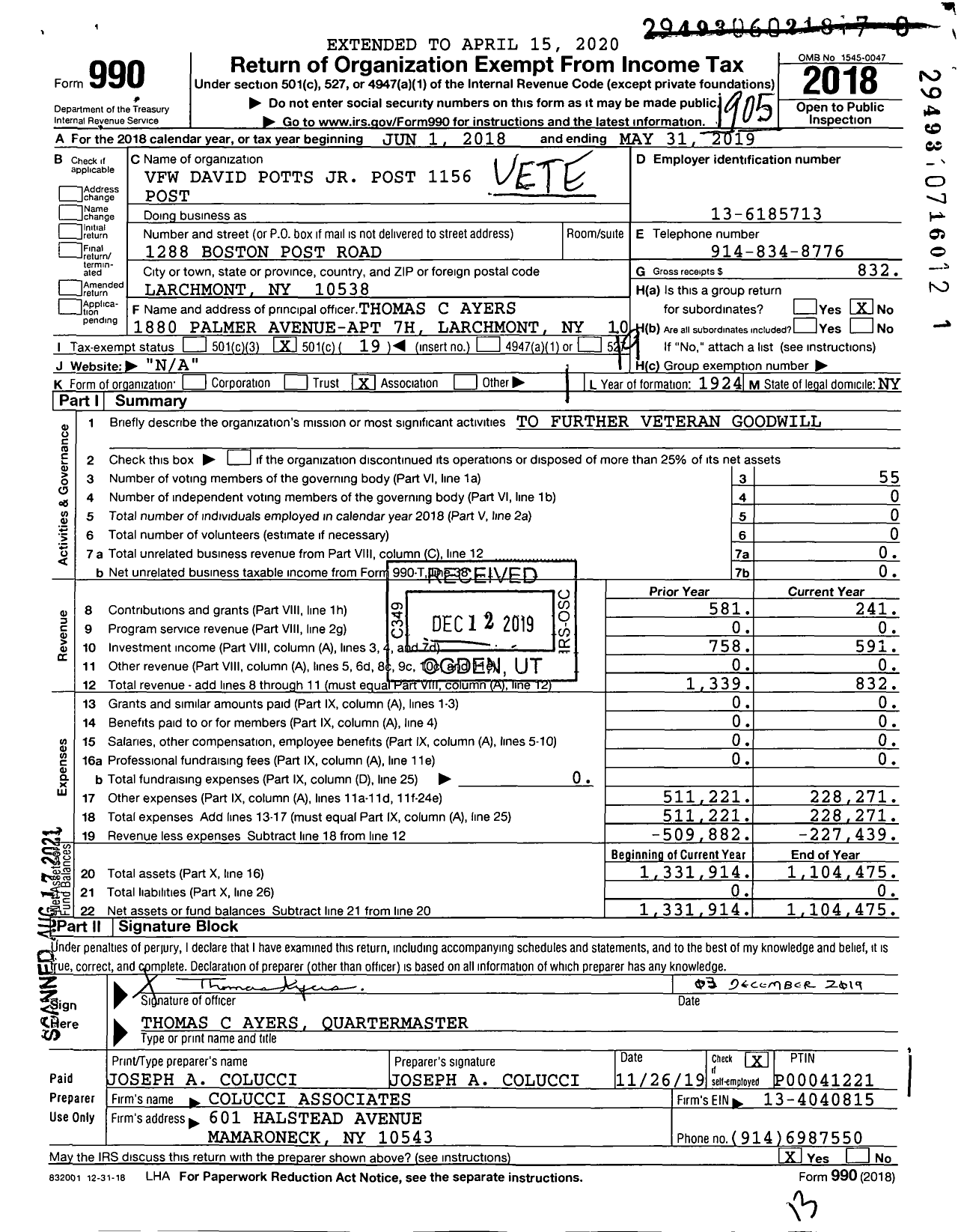 Image of first page of 2018 Form 990O for Department of Ny VFW - 1156 Vfn-Ny David Potts JR Post