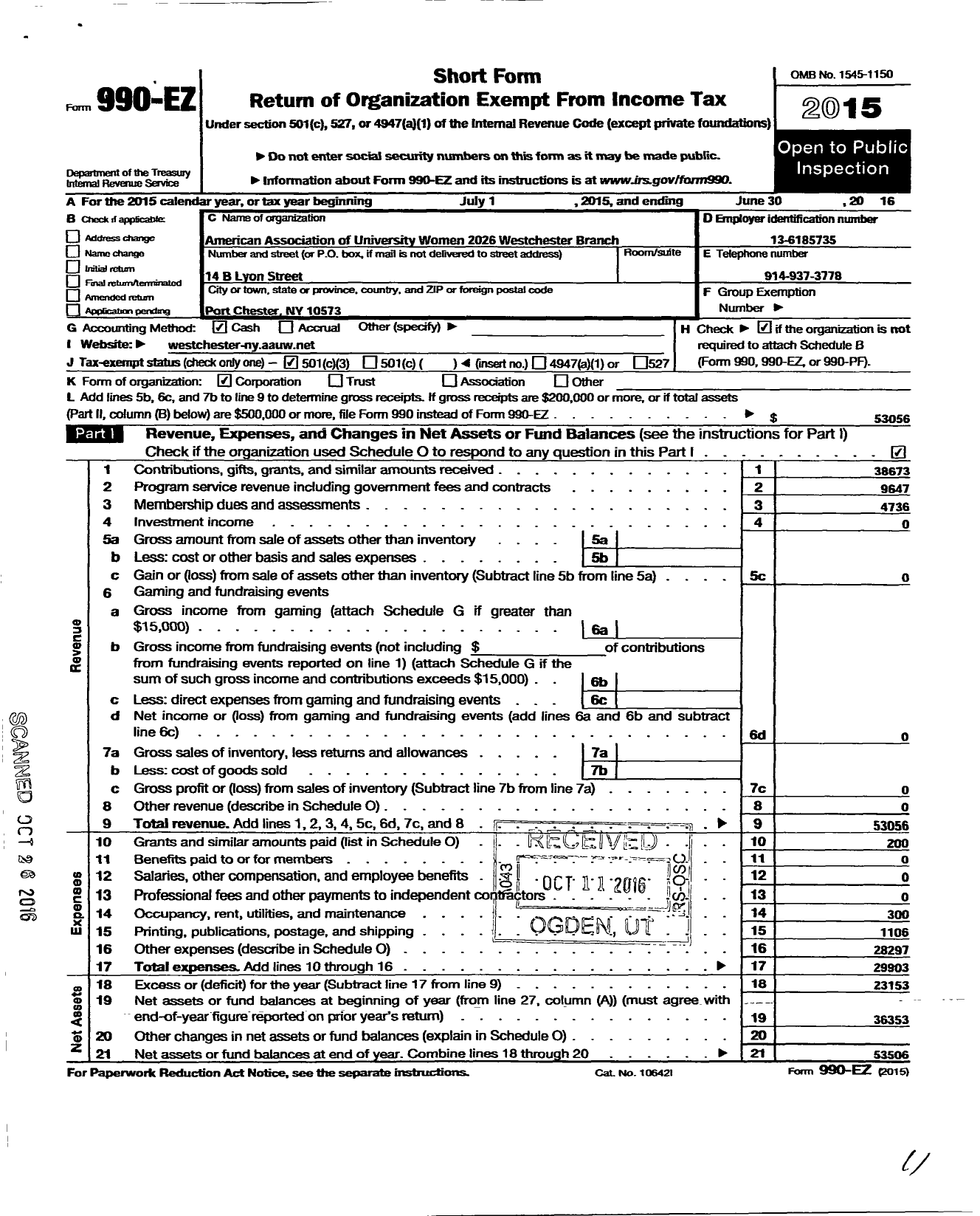 Image of first page of 2015 Form 990EZ for The American Association of University Women Westchester New