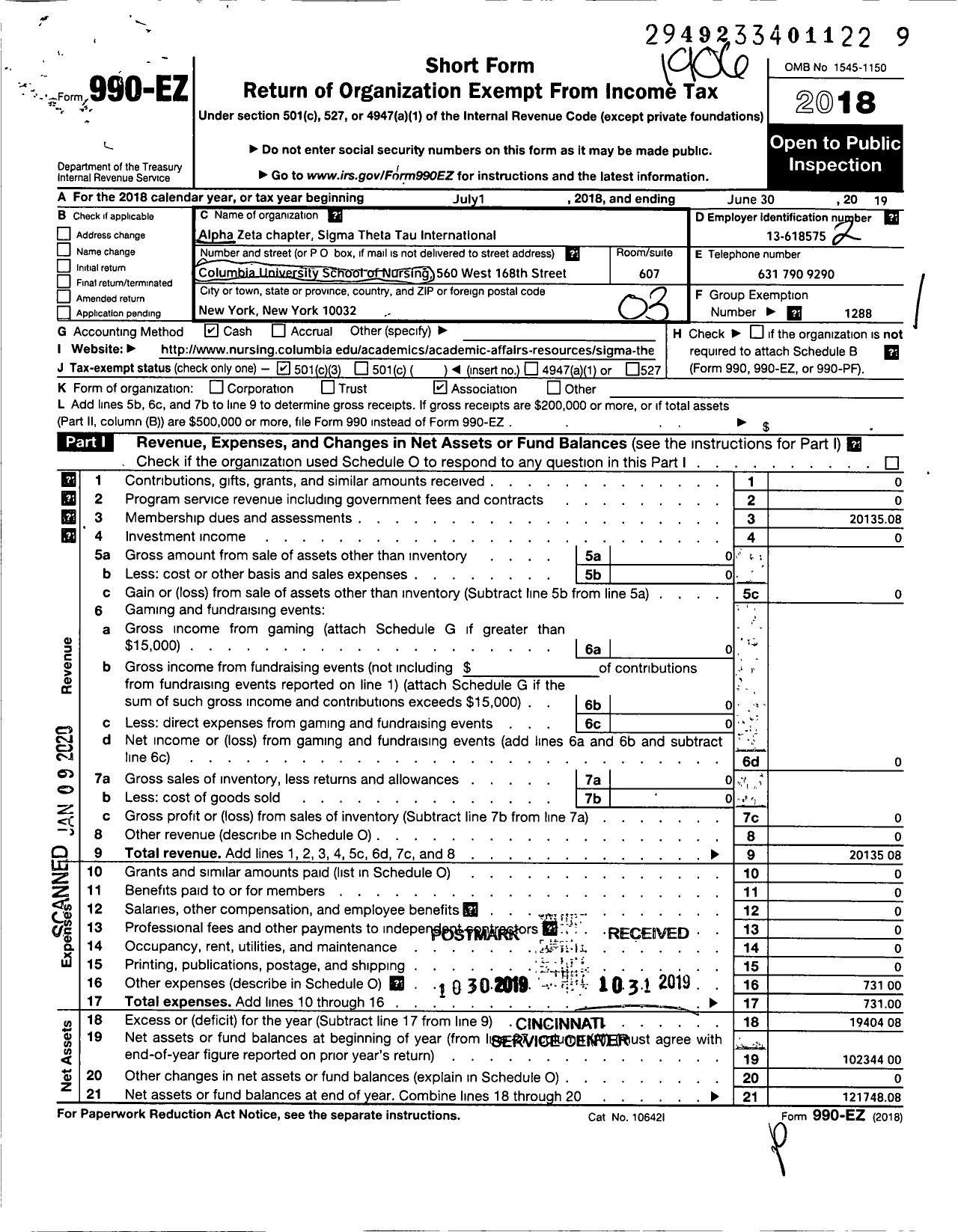 Image of first page of 2018 Form 990EZ for Sigma Theta Tau / 28 Alpha Zeta Chapter