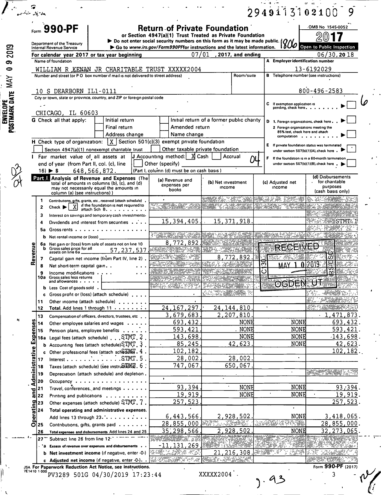 Image of first page of 2017 Form 990PF for William R. Kenan JR Charitable Trust