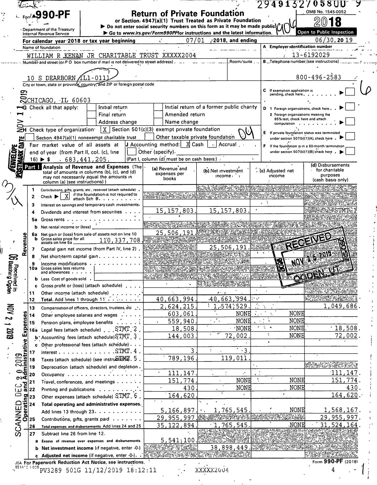 Image of first page of 2018 Form 990PF for William R. Kenan JR Charitable Trust