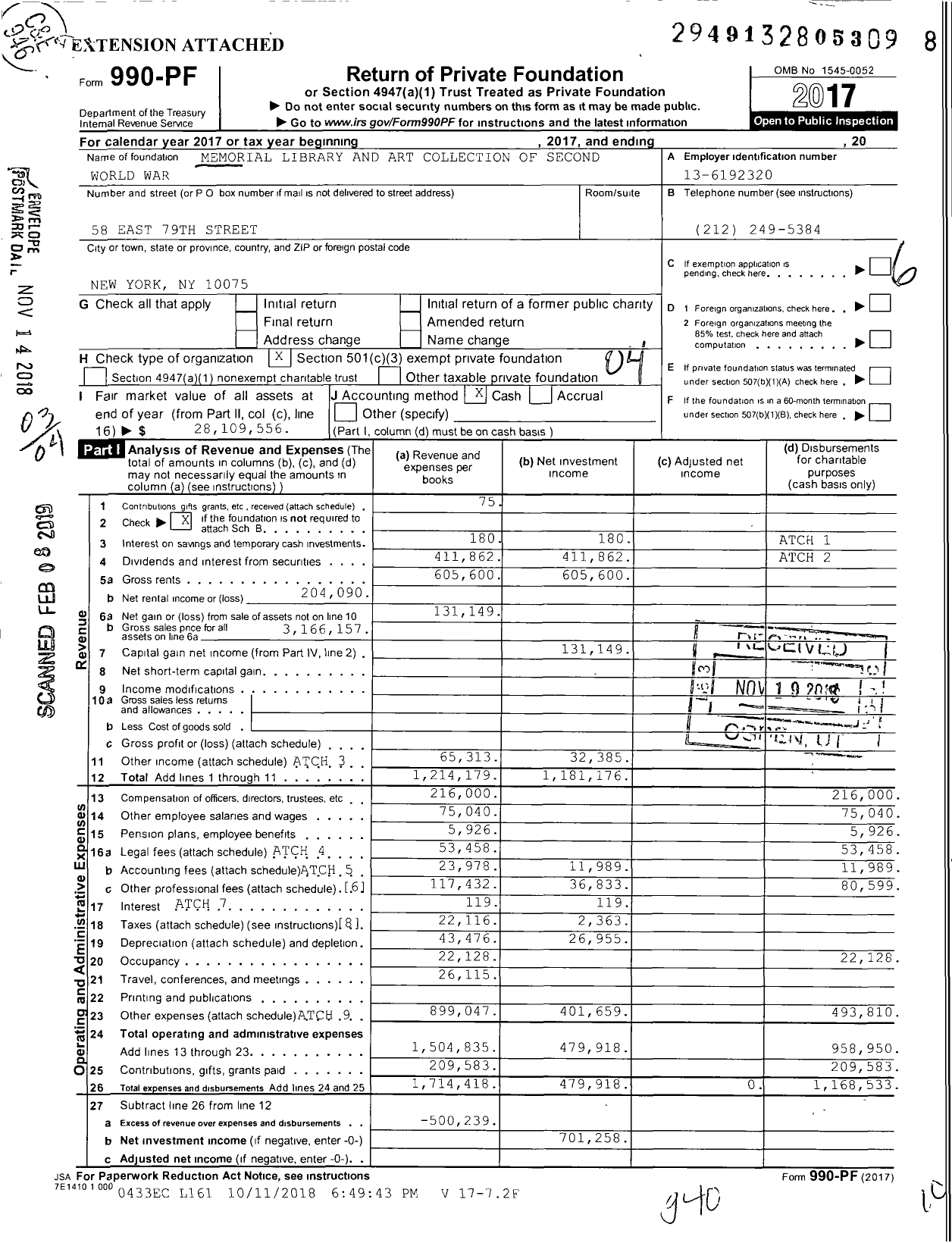 Image of first page of 2017 Form 990PF for Memorial Library and Art Collection of Second World War