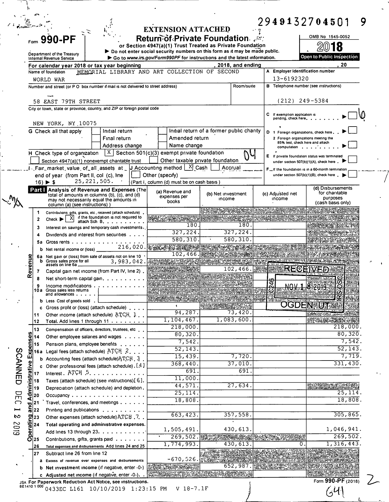 Image of first page of 2018 Form 990PF for Memorial Library and Art Collection of Second World War