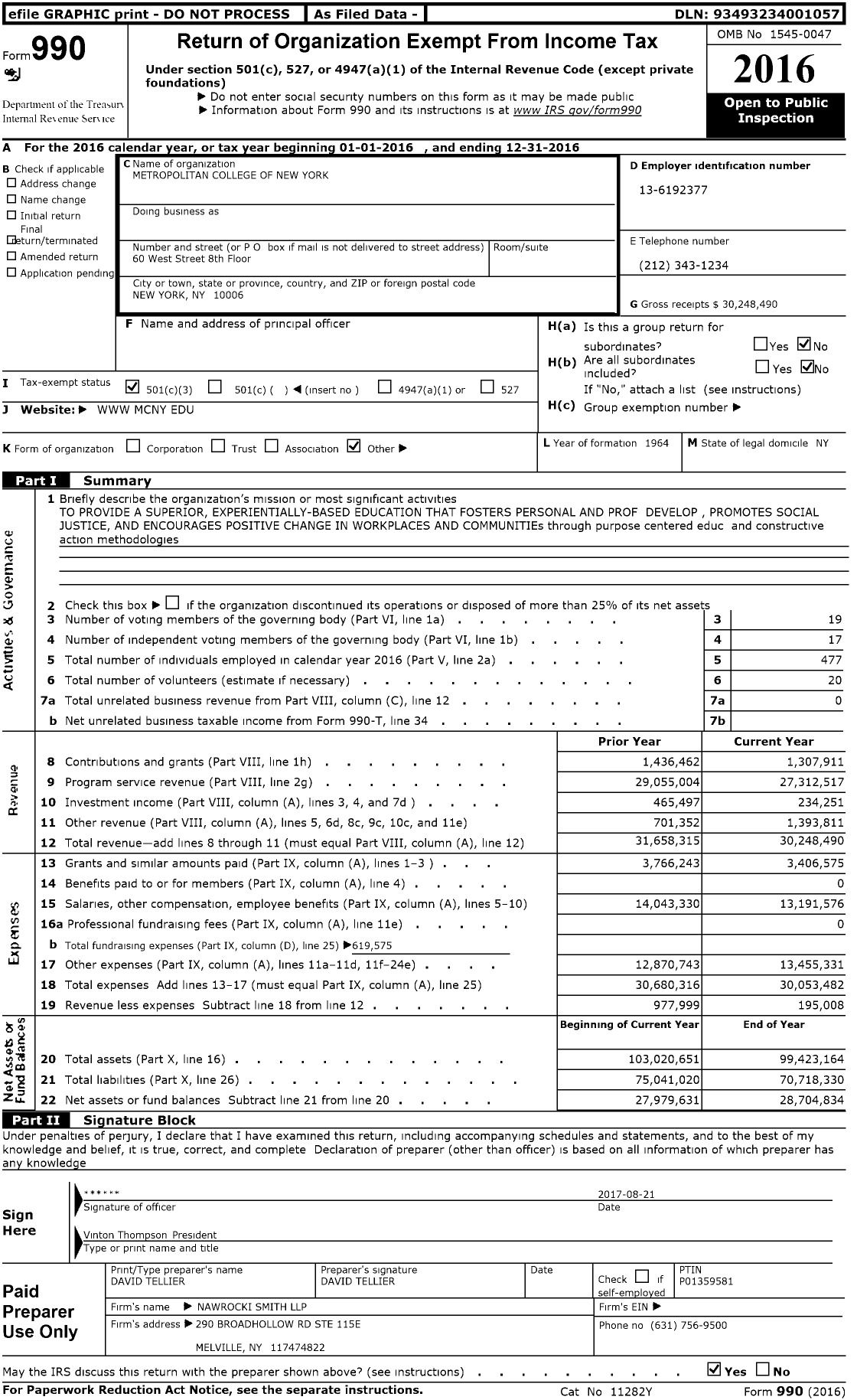 Image of first page of 2016 Form 990 for Metropolitan College of New York (MCNY)
