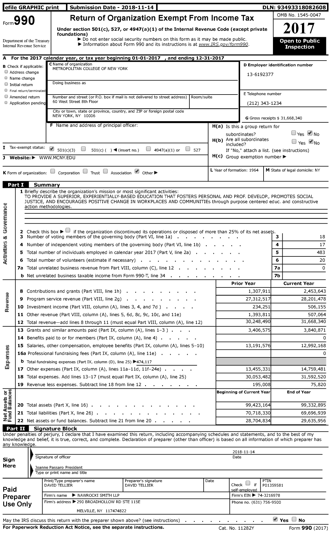 Image of first page of 2017 Form 990 for Metropolitan College of New York (MCNY)