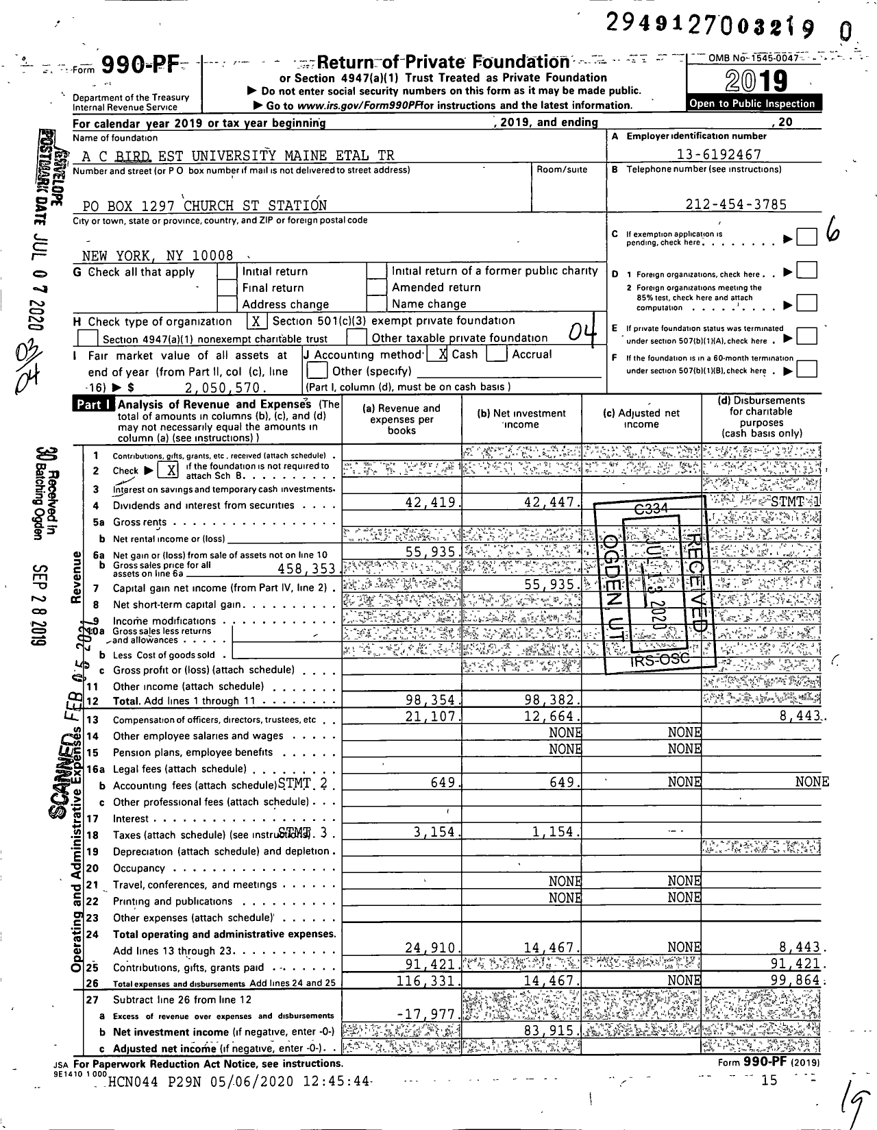 Image of first page of 2019 Form 990PF for A C Bird Est University Maine Etal Trust