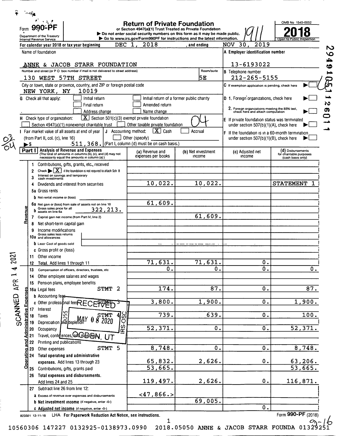 Image of first page of 2018 Form 990PF for Anne and Jacob Starr Foundation