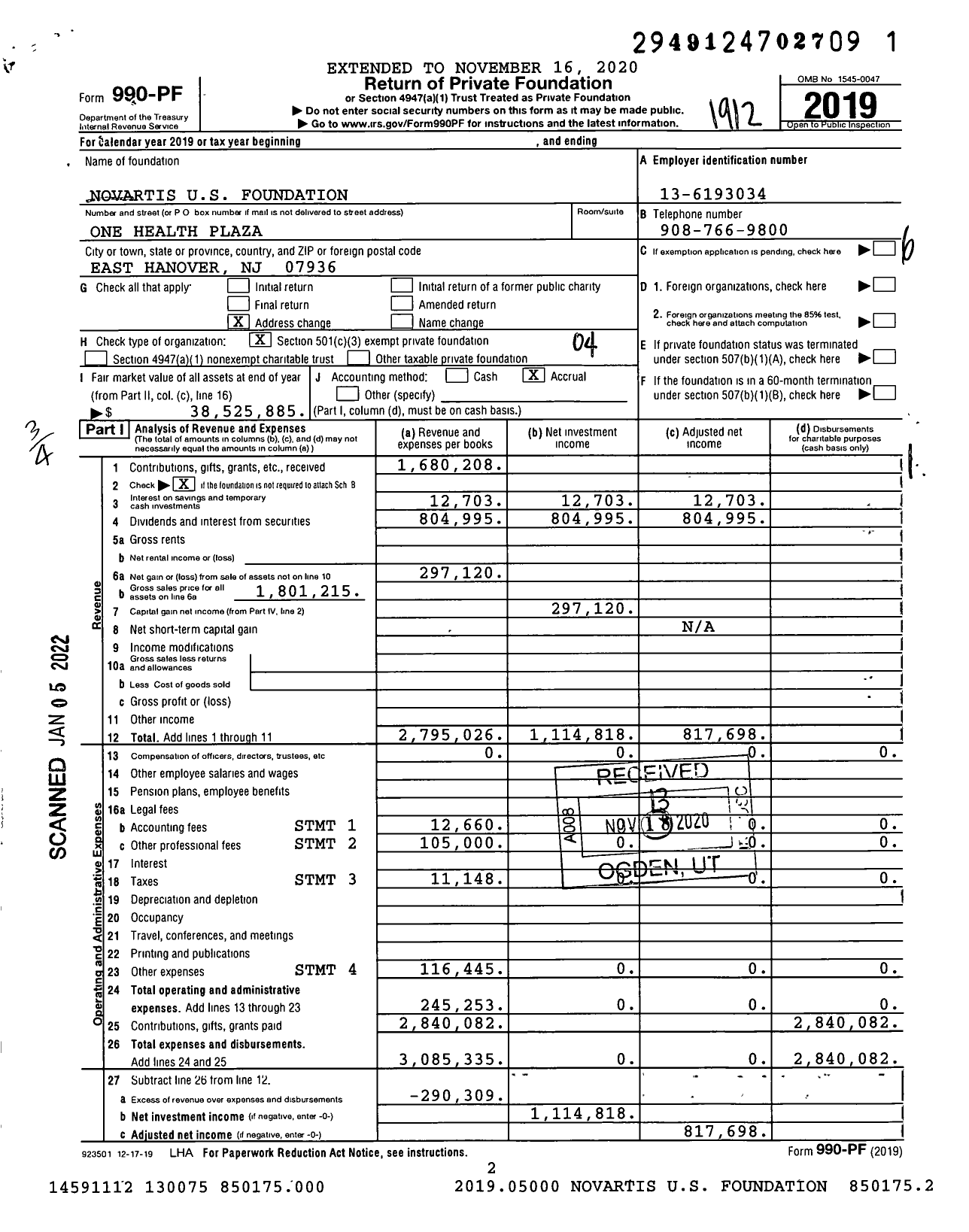 Image of first page of 2019 Form 990PF for Novartis Us Foundation