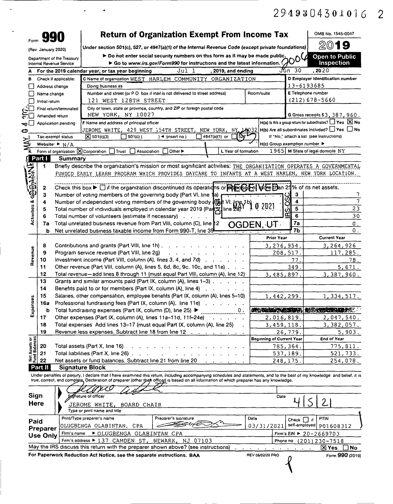 Image of first page of 2019 Form 990 for West Harlem Community Organization