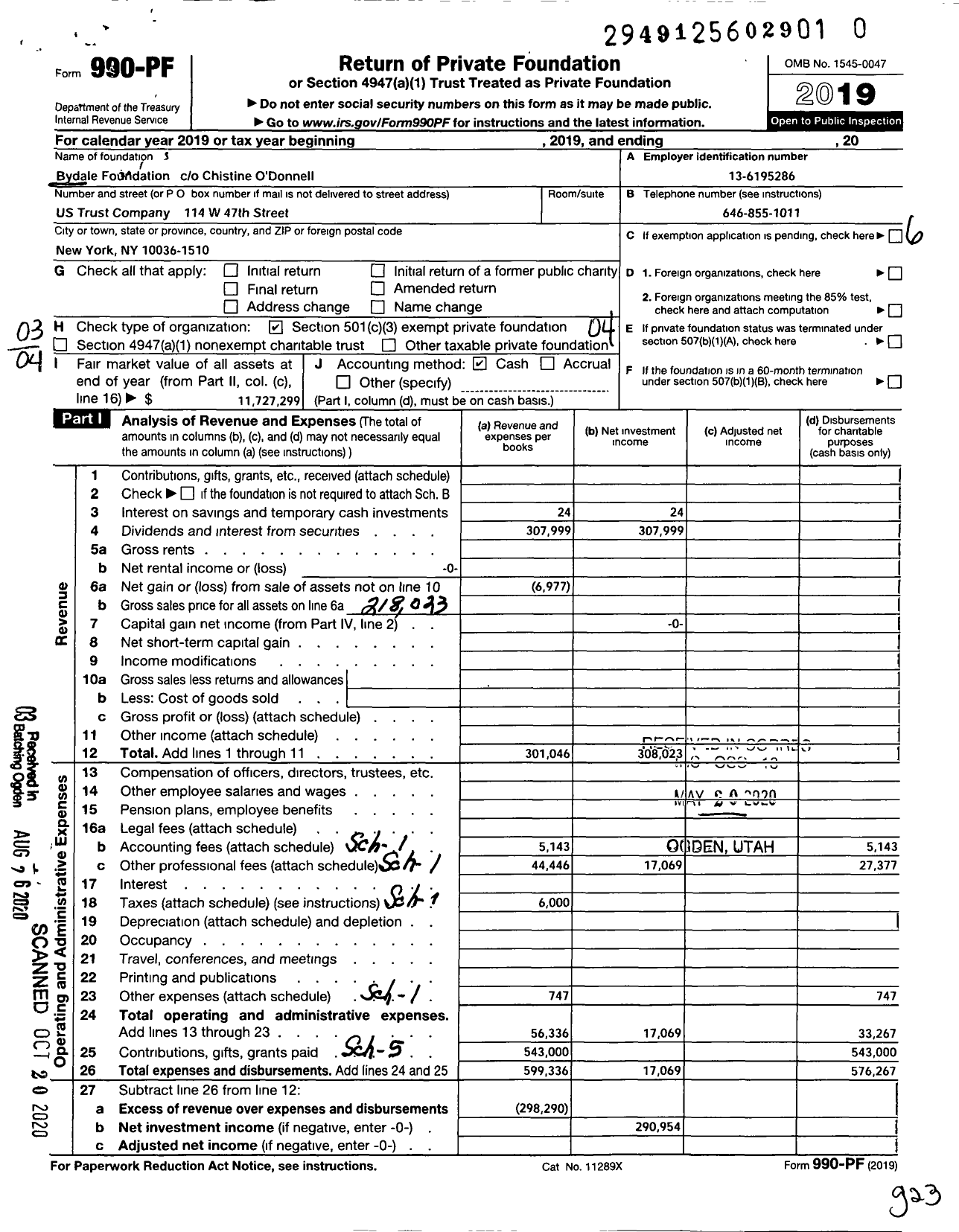 Image of first page of 2019 Form 990PR for Bydale Foundation