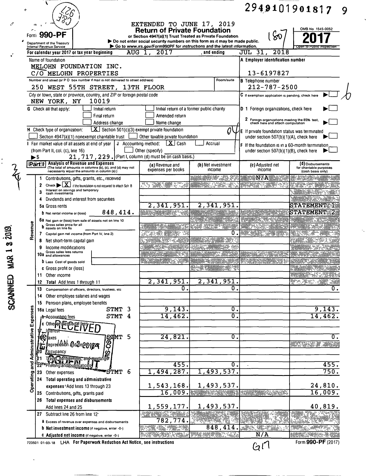 Image of first page of 2017 Form 990PF for Melohn Foundation