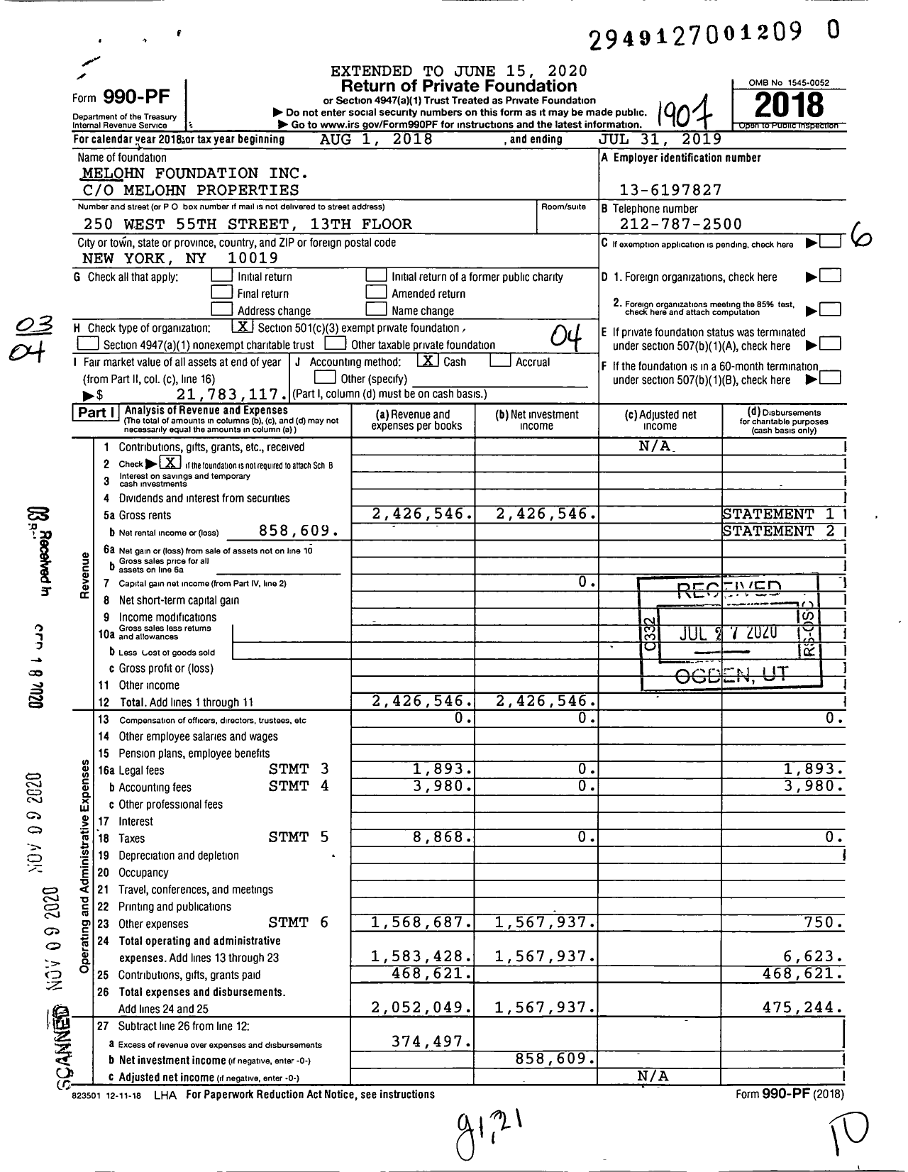 Image of first page of 2018 Form 990PF for Melohn Foundation