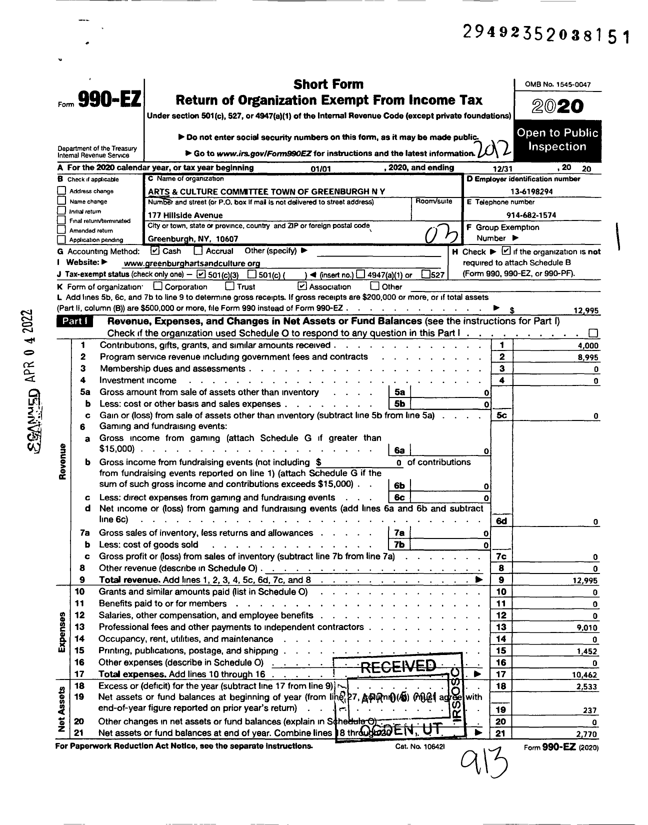 Image of first page of 2020 Form 990EZ for Arts and Culture Committee Town of Greenburgh N Y