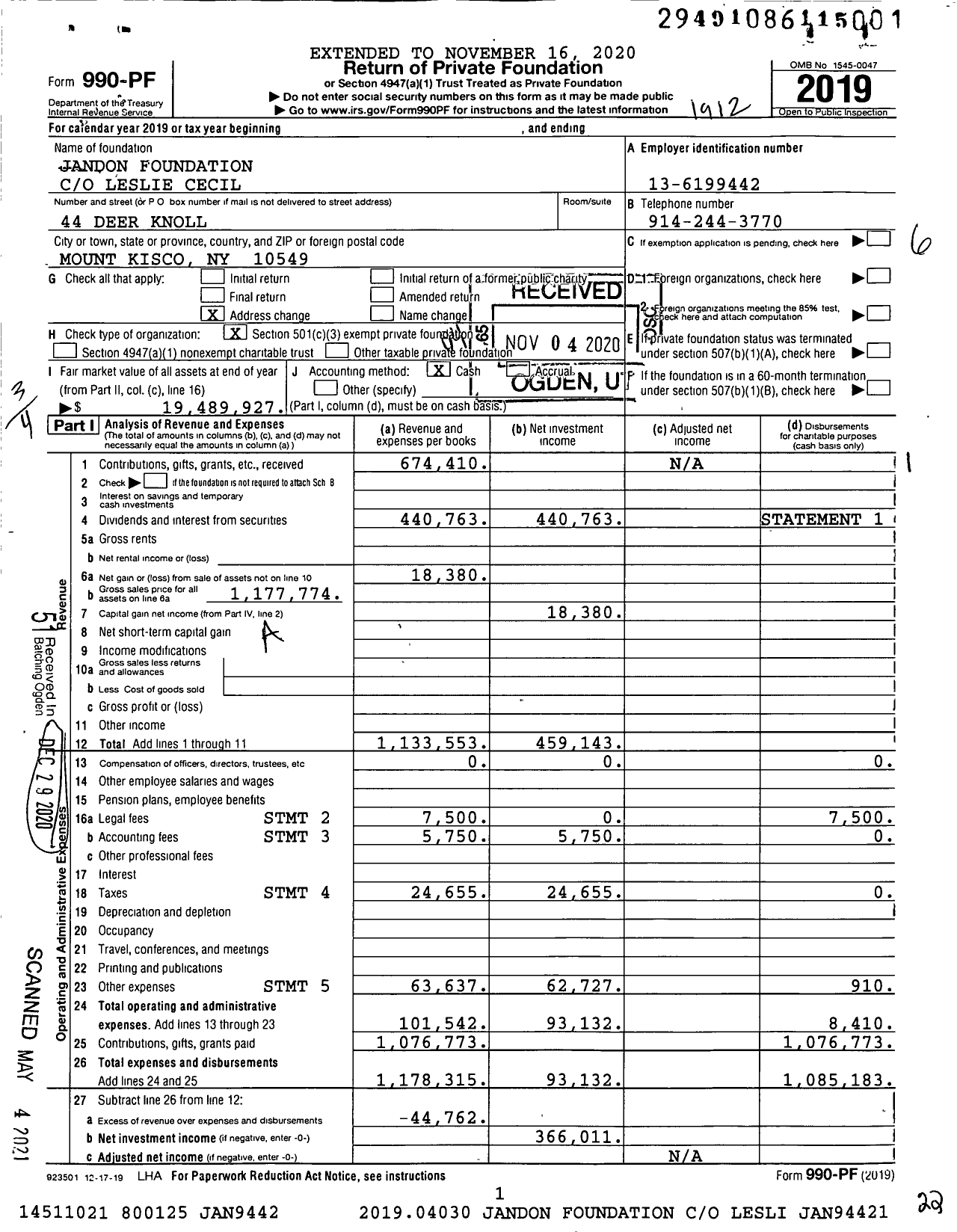 Image of first page of 2019 Form 990PF for Jandon Foundation