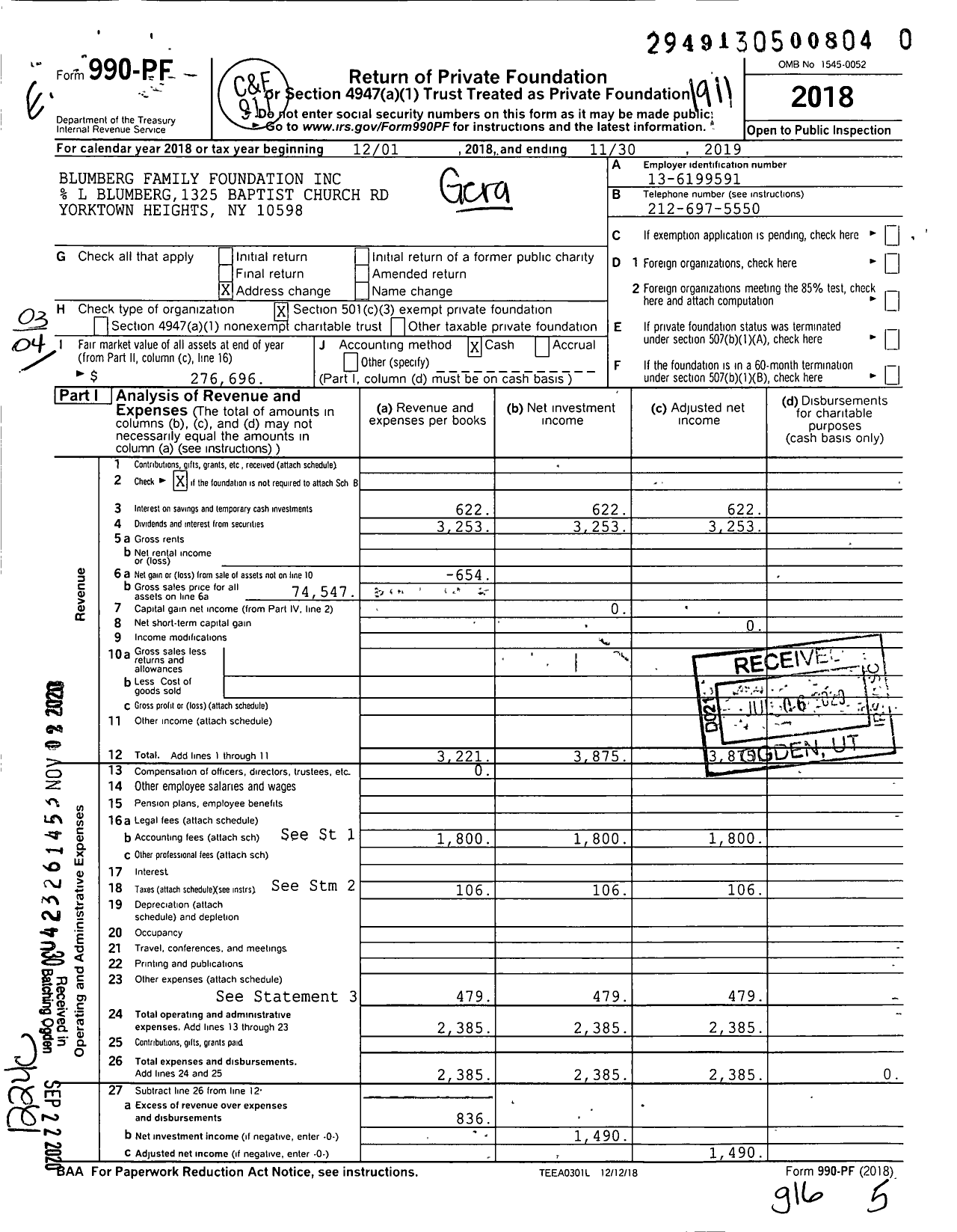 Image of first page of 2018 Form 990PF for Blumberg Family Foundation