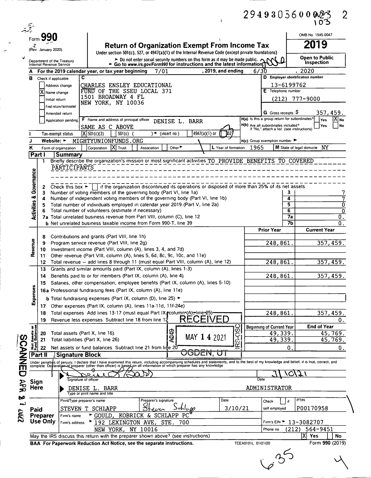 Image of first page of 2019 Form 990 for Charles Ensley Educational Fund of the SSEU Local 371