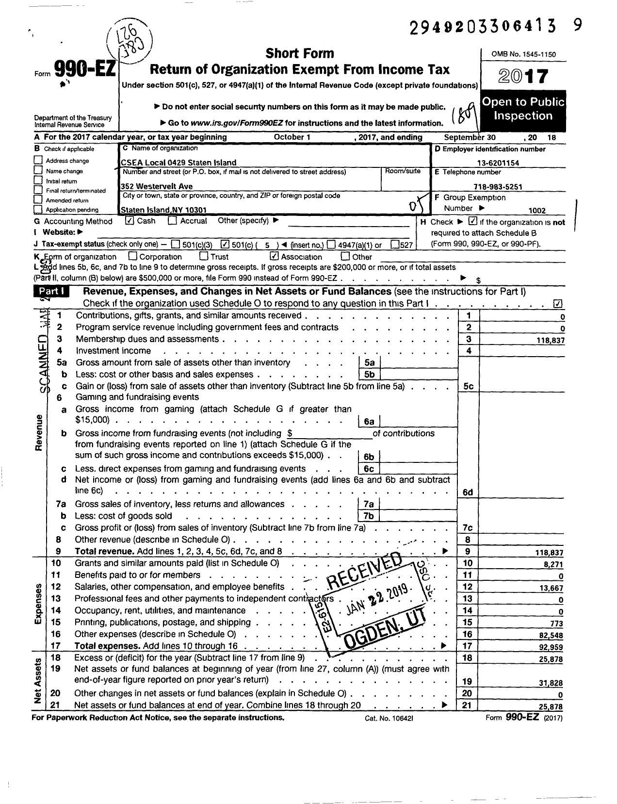 Image of first page of 2017 Form 990EO for Civil Service Employees Association - 0429 Staten Isl Developmntl Ctr