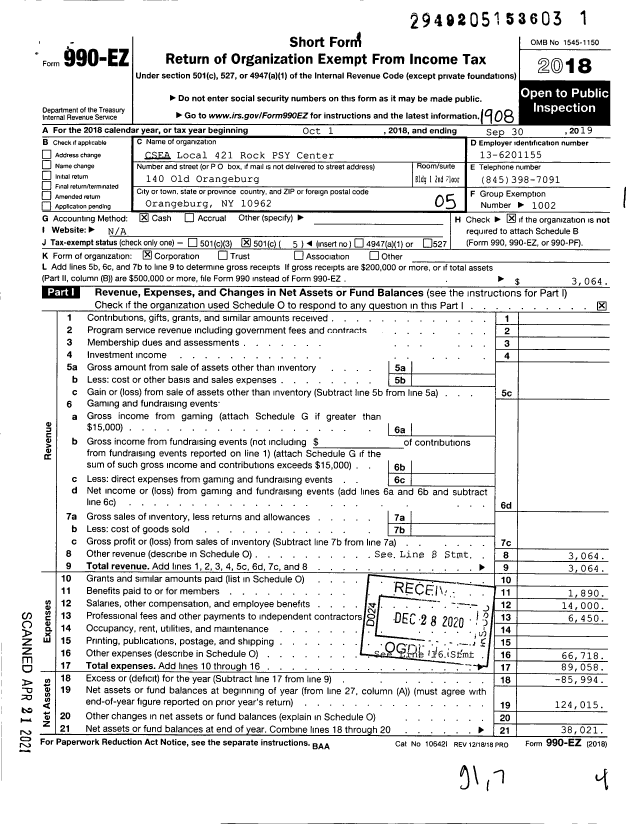 Image of first page of 2018 Form 990EO for Civil Service Employees Association - 0421 Rockland Psychiatric Center