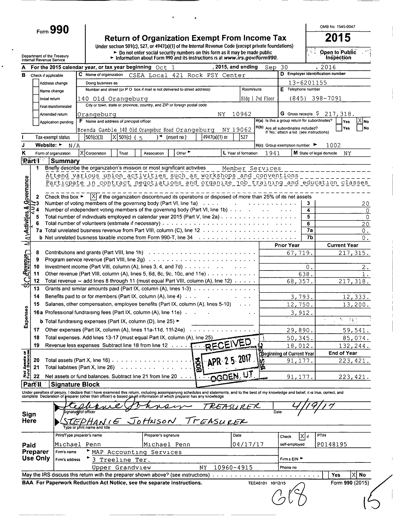 Image of first page of 2015 Form 990O for Civil Service Employees Association - 0421 Rockland Psychiatric Center