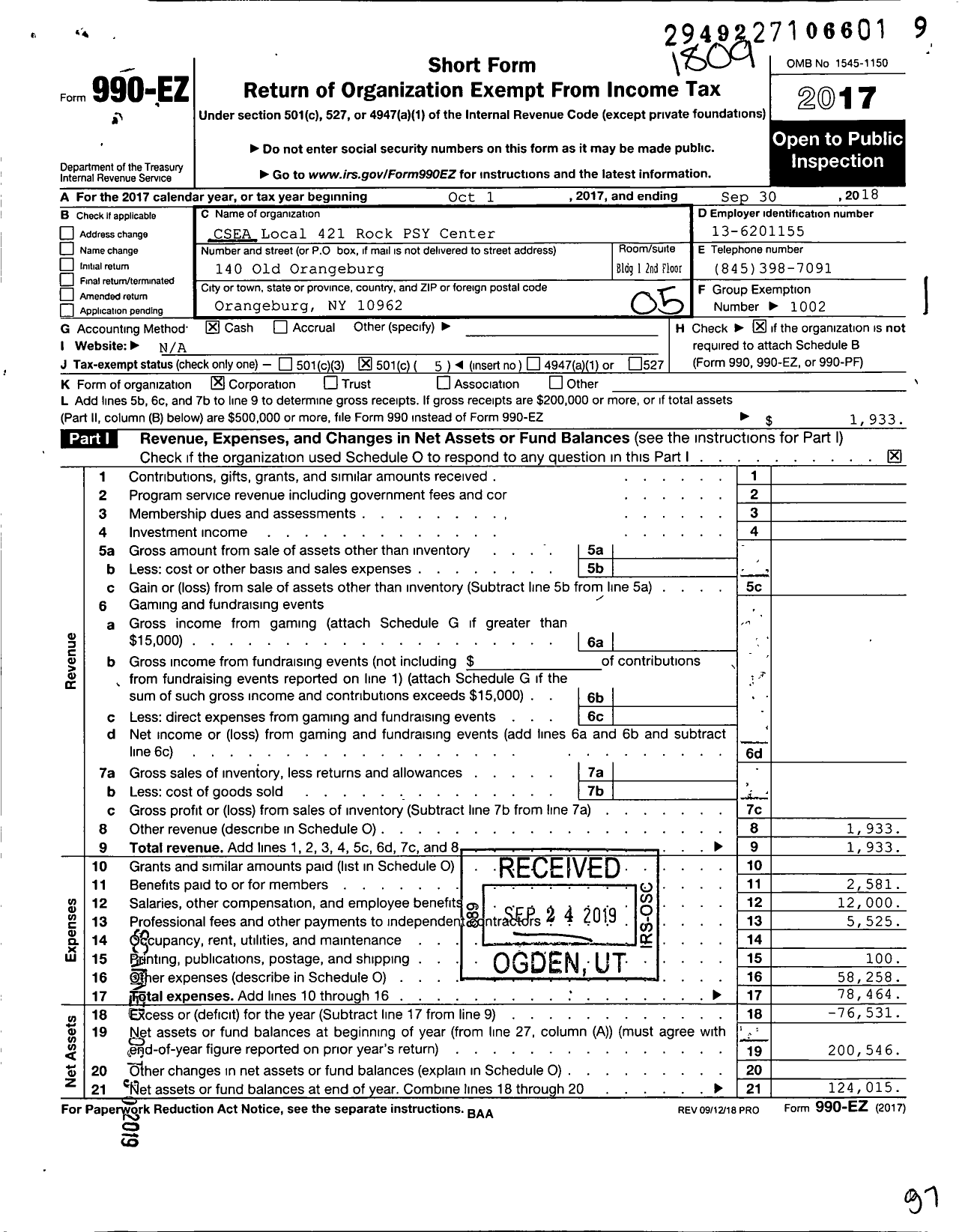 Image of first page of 2017 Form 990EO for Civil Service Employees Association - 0421 Rockland Psychiatric Center