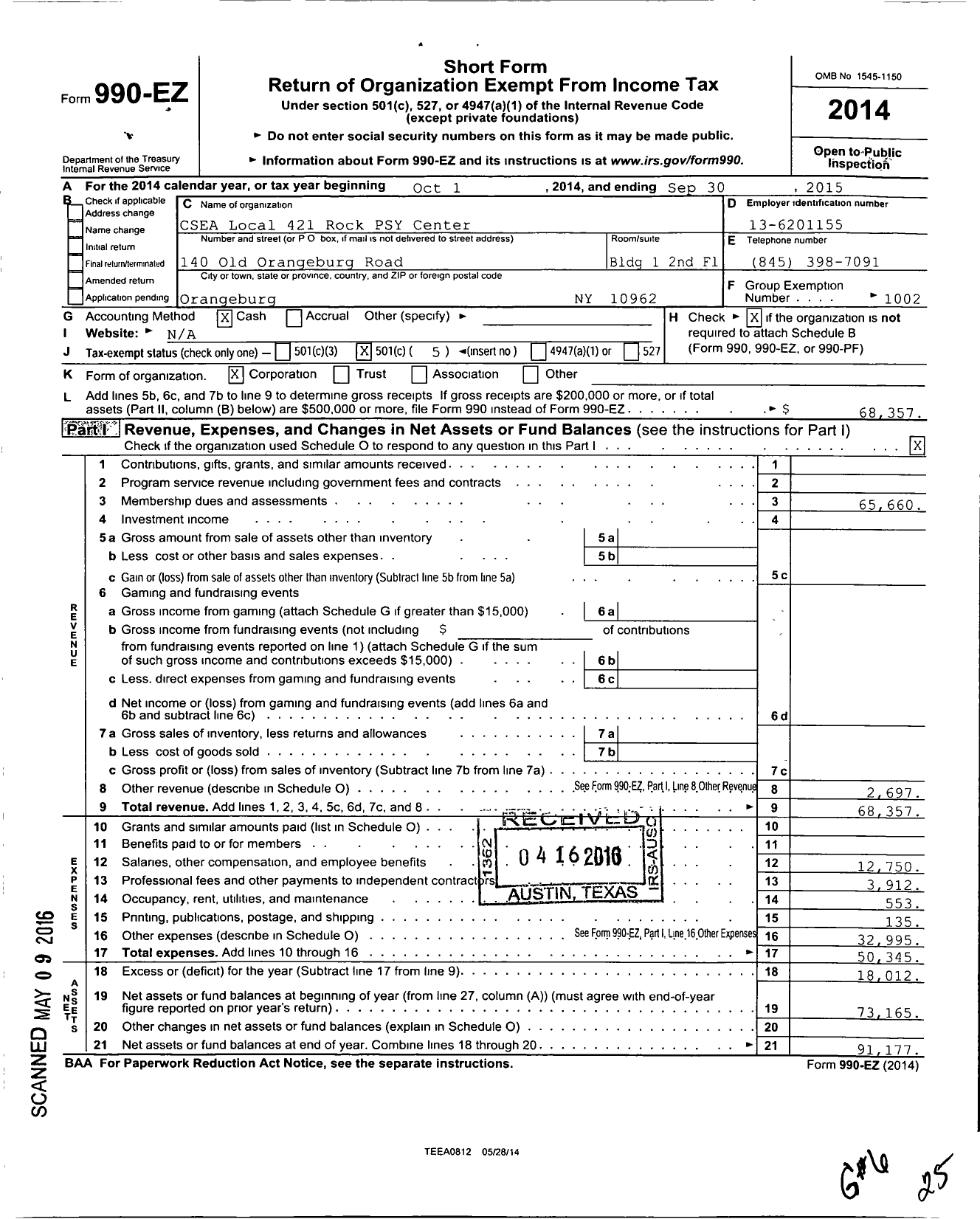 Image of first page of 2014 Form 990EO for Civil Service Employees Association - 0421 Rockland Psychiatric Center