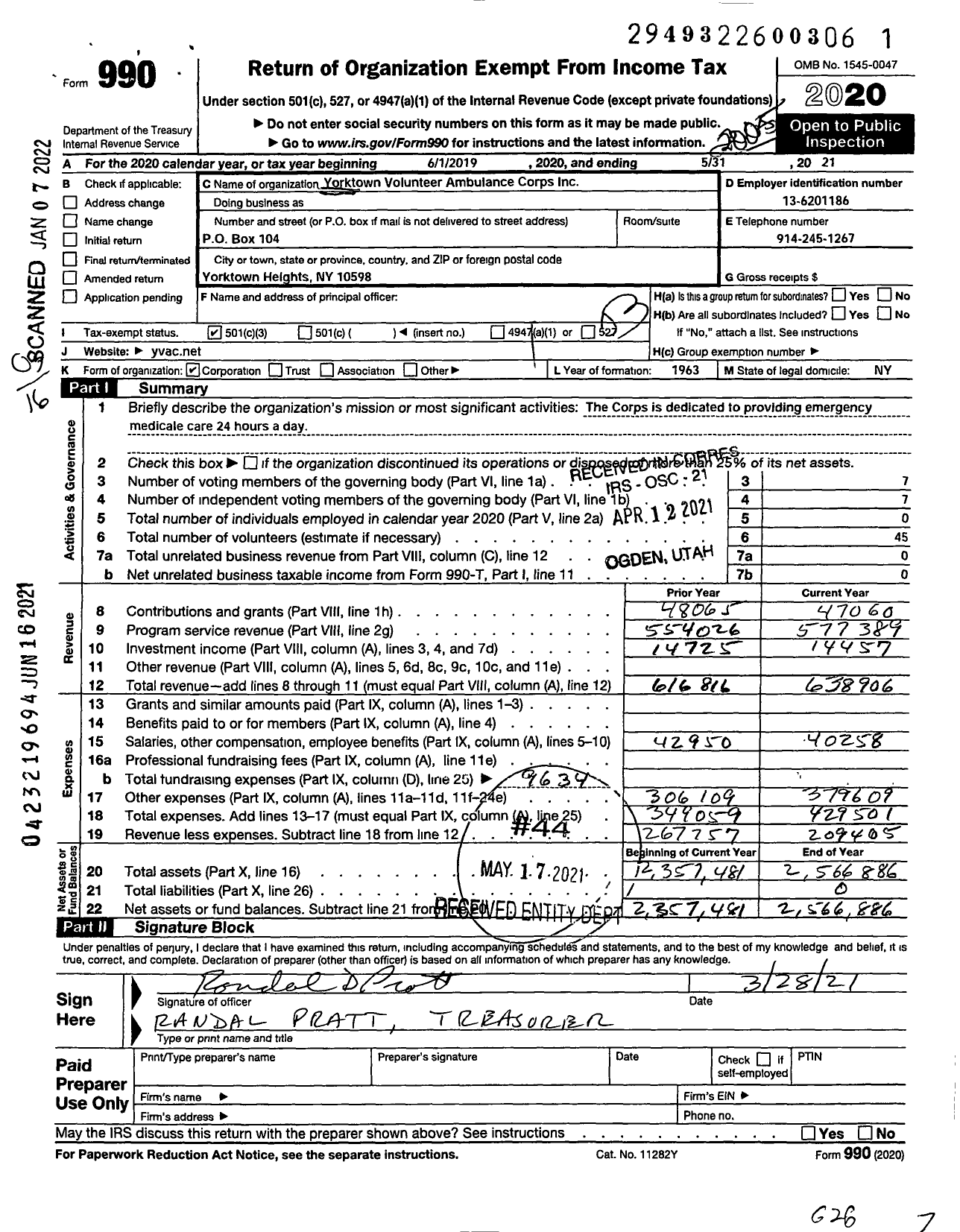 Image of first page of 2019 Form 990 for Yorktown Volunteer Ambulance Corps