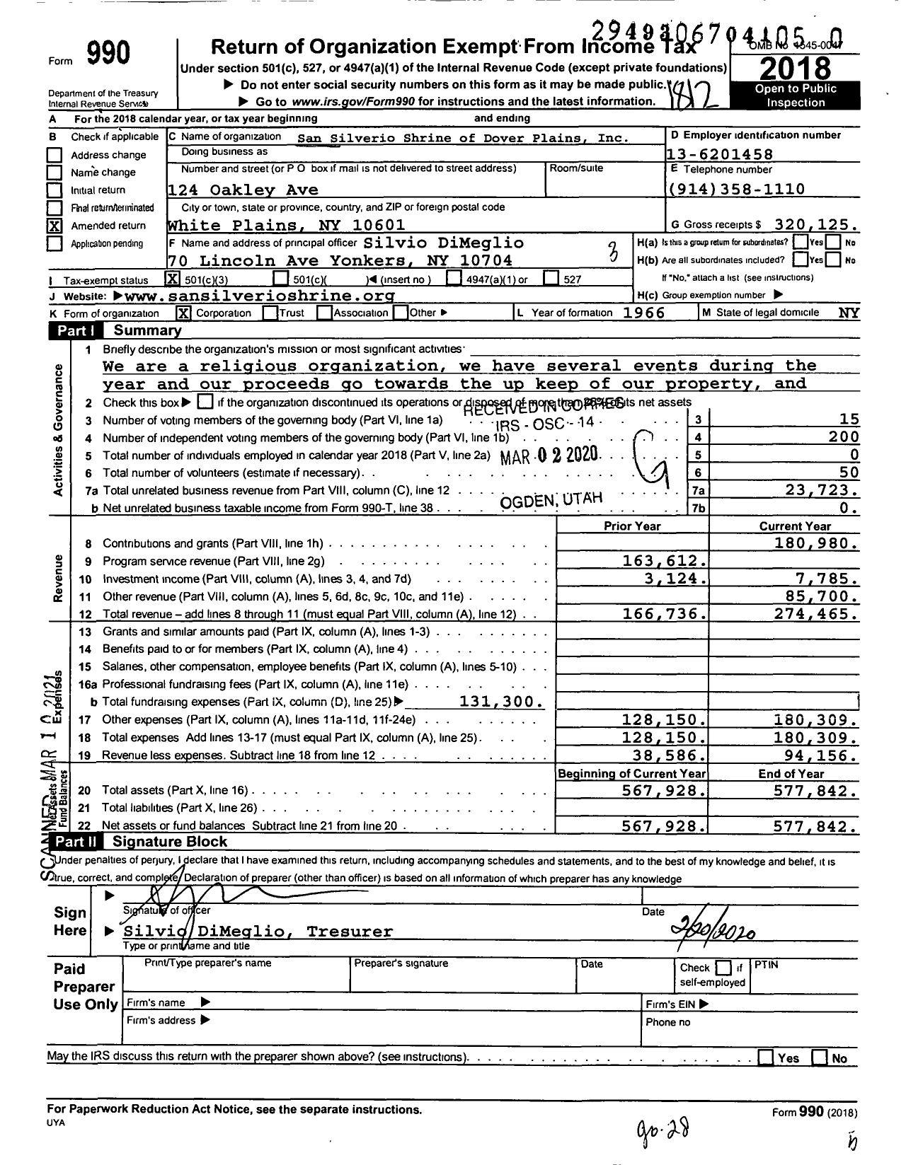 Image of first page of 2018 Form 990 for San Silverio Shrine of Dover Plains