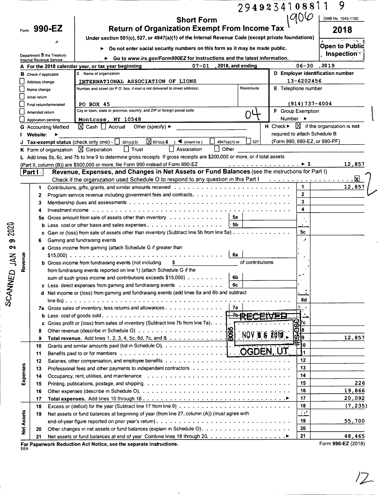 Image of first page of 2018 Form 990EO for Lions Clubs - 8370 Hendrick Hudson