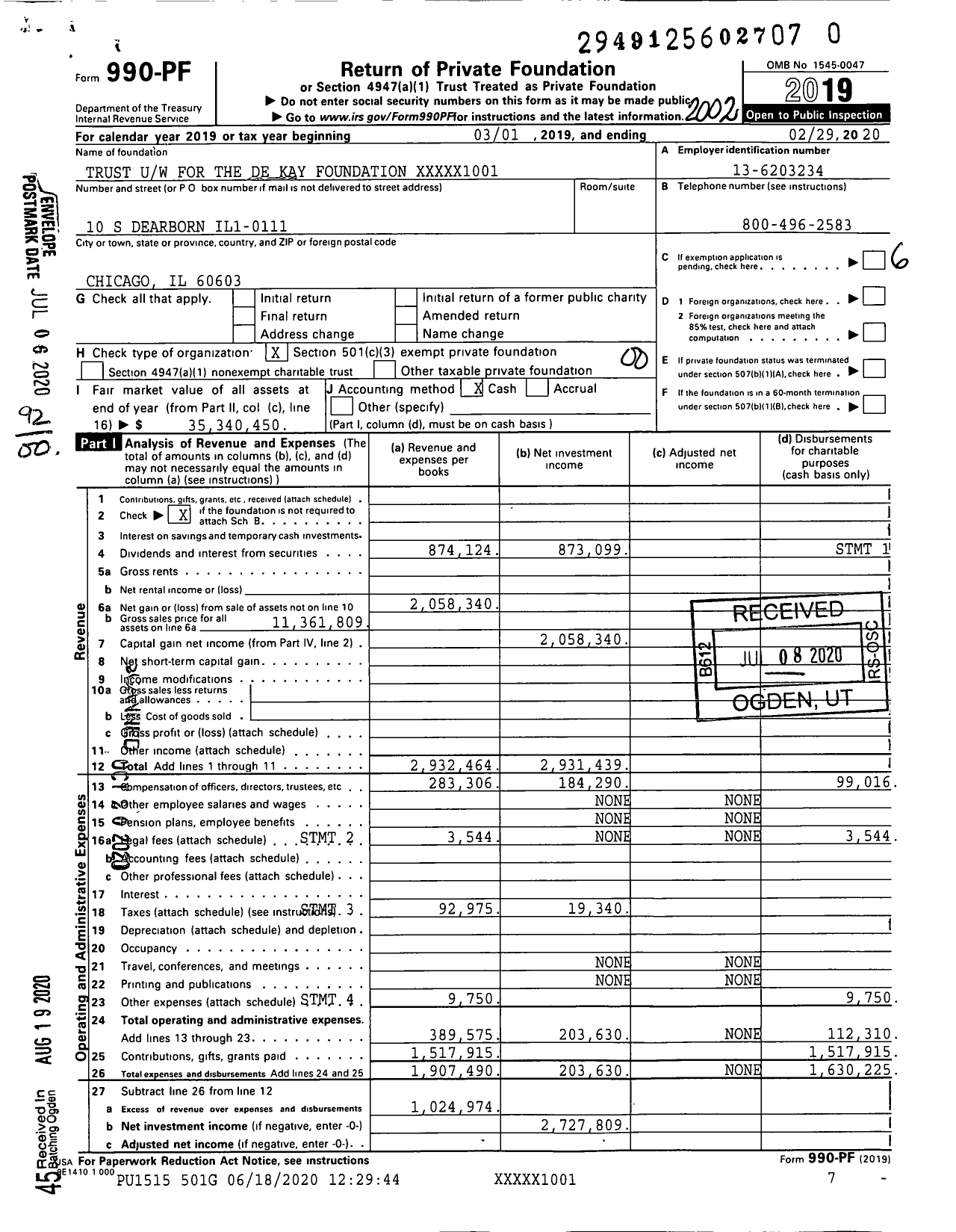 Image of first page of 2019 Form 990PR for Trust Uw for the de Kay Foundation XXXXX1001