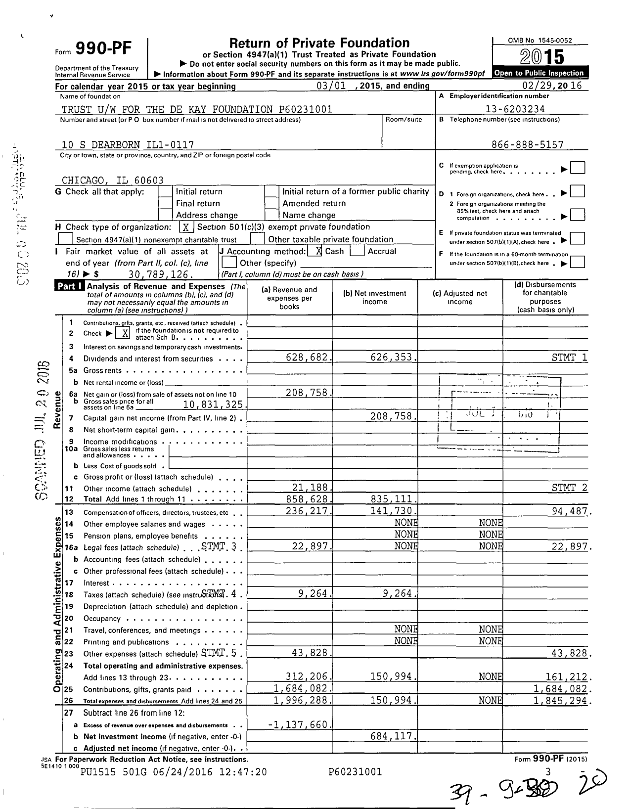 Image of first page of 2015 Form 990PF for Trust Uw for the de Kay Foundation XXXXX1001