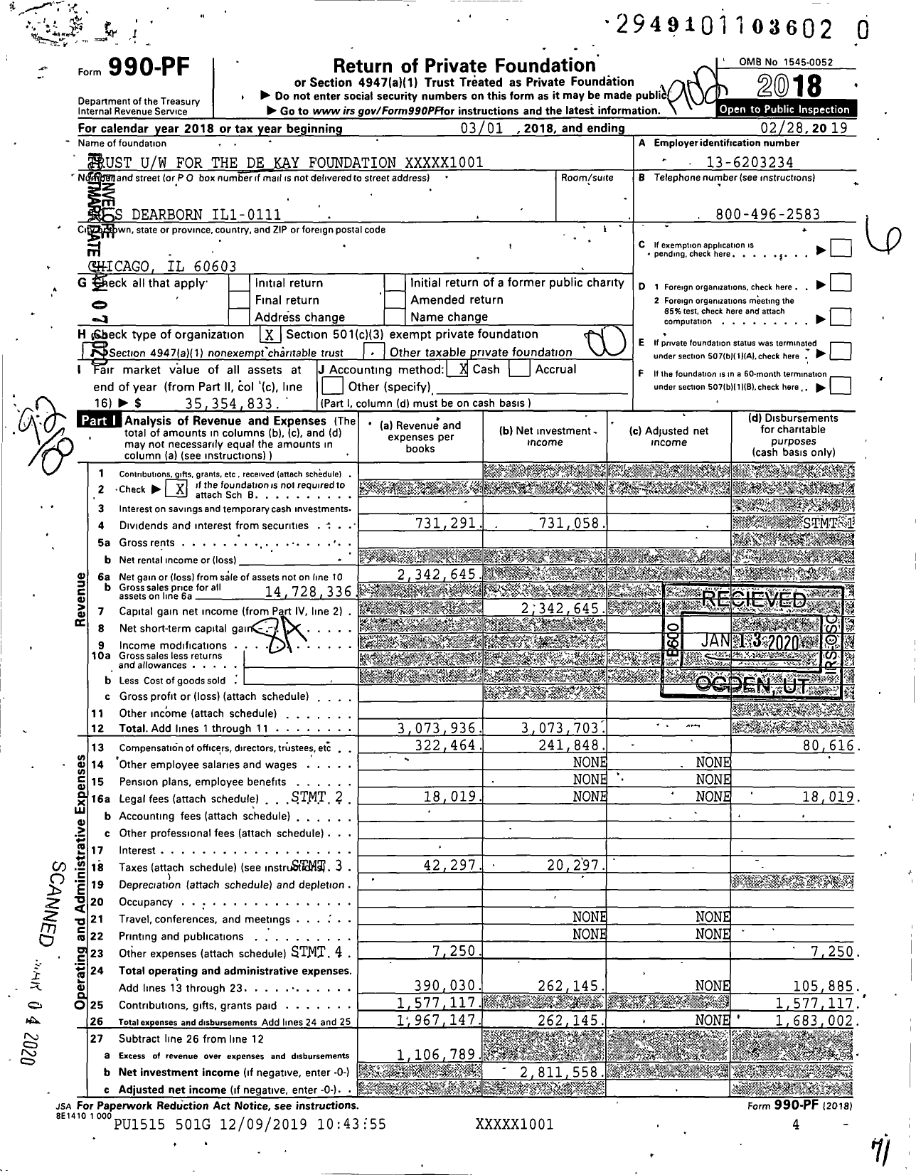 Image of first page of 2018 Form 990PR for Trust Uw for the de Kay Foundation XXXXX1001