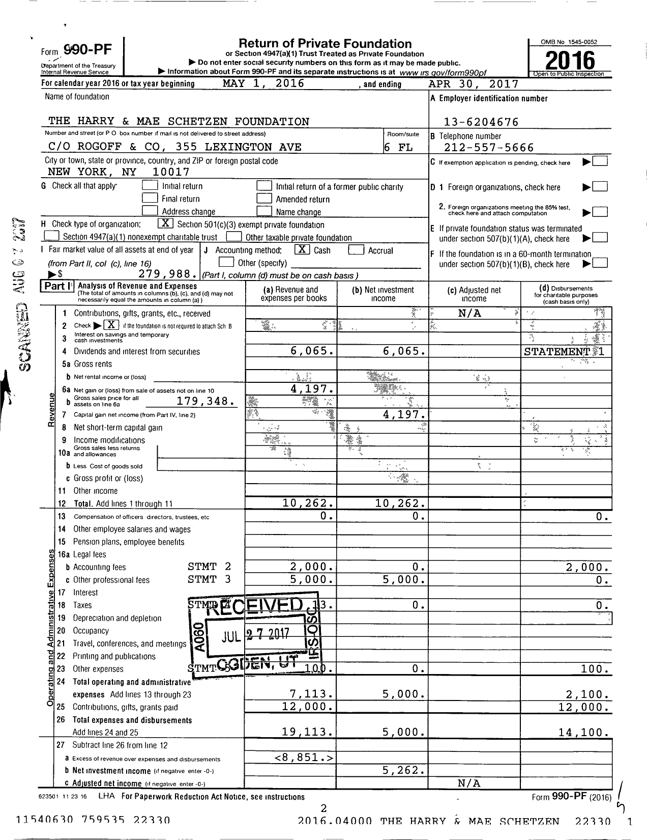 Image of first page of 2016 Form 990PF for The Harry and Mae Schetzen Foundation