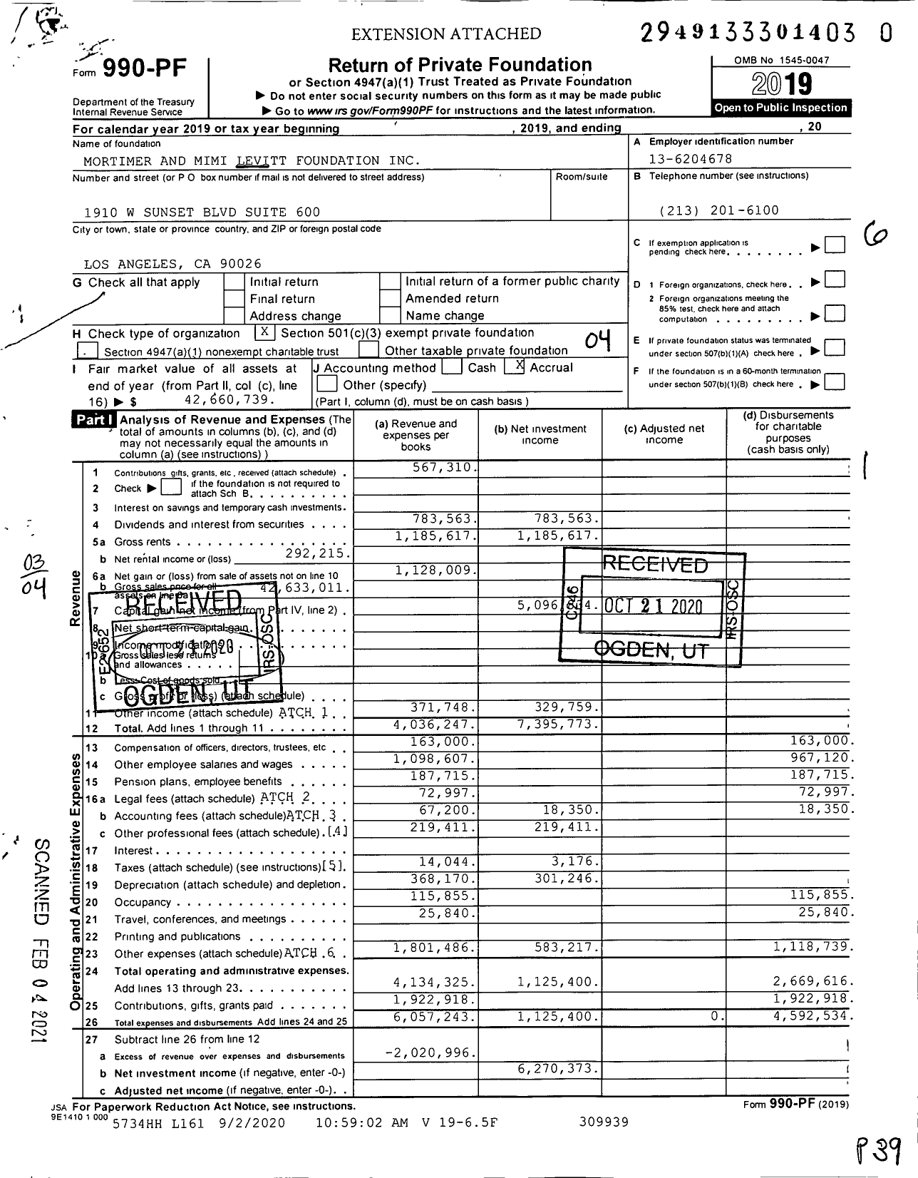 Image of first page of 2019 Form 990PF for Mortimer and Mimi Levitt Foundation