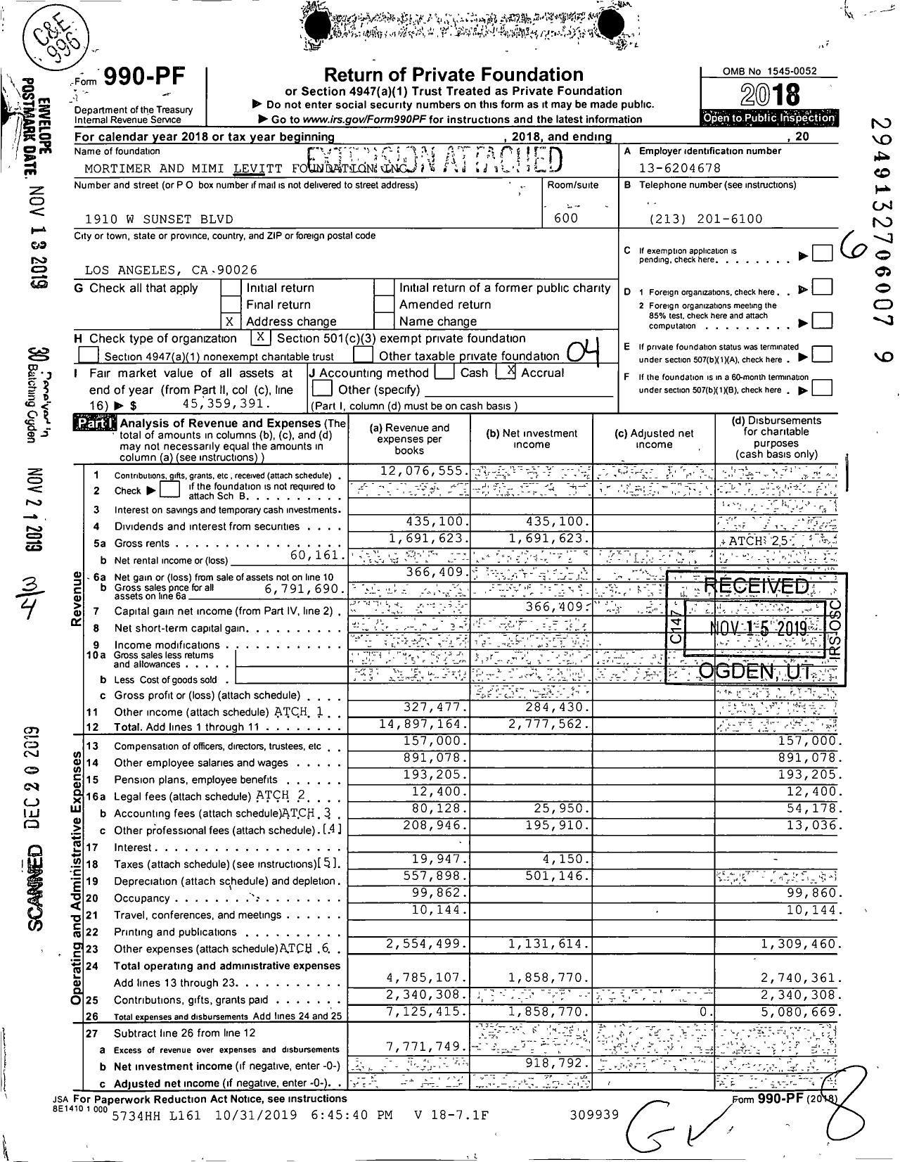 Image of first page of 2018 Form 990PF for Mortimer and Mimi Levitt Foundation