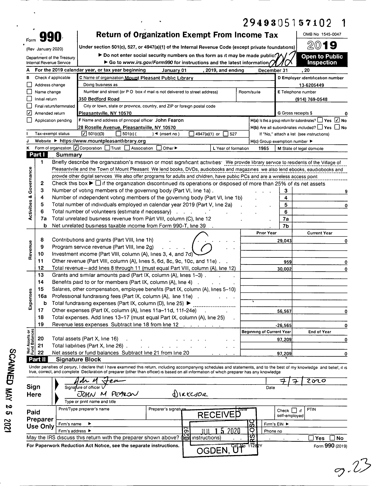 Image of first page of 2020 Form 990 for Mount Pleasant Public Library