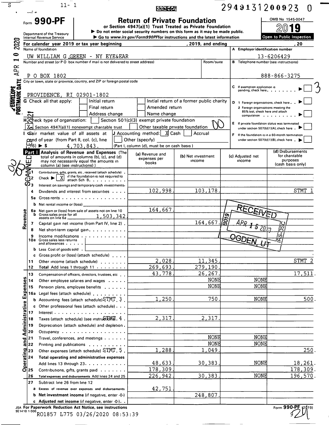 Image of first page of 2019 Form 990PF for Uw William G Green - Ny Eye&ear